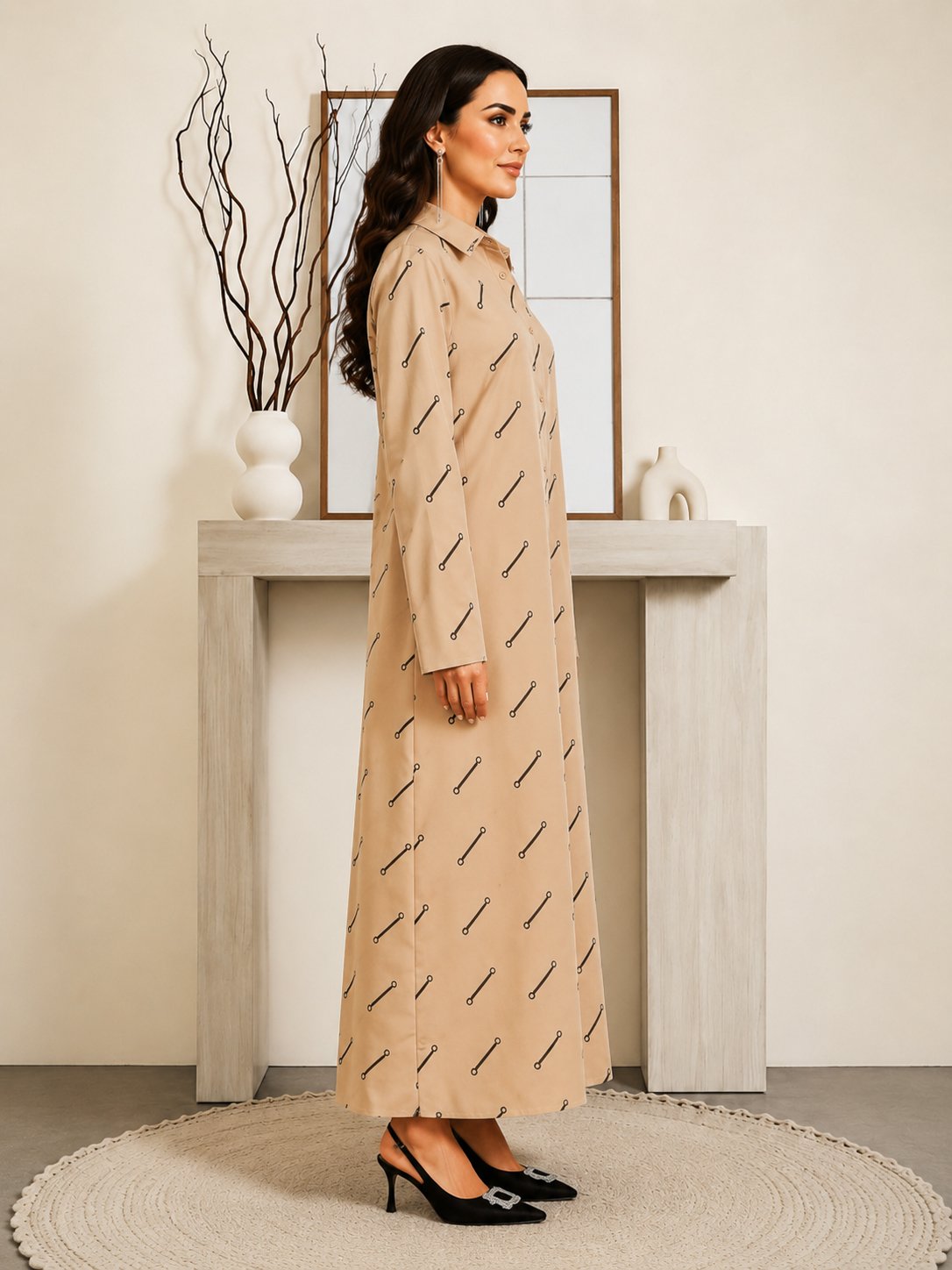 Tan Long Sleeves Graphic Print Shirt Maxi Dress