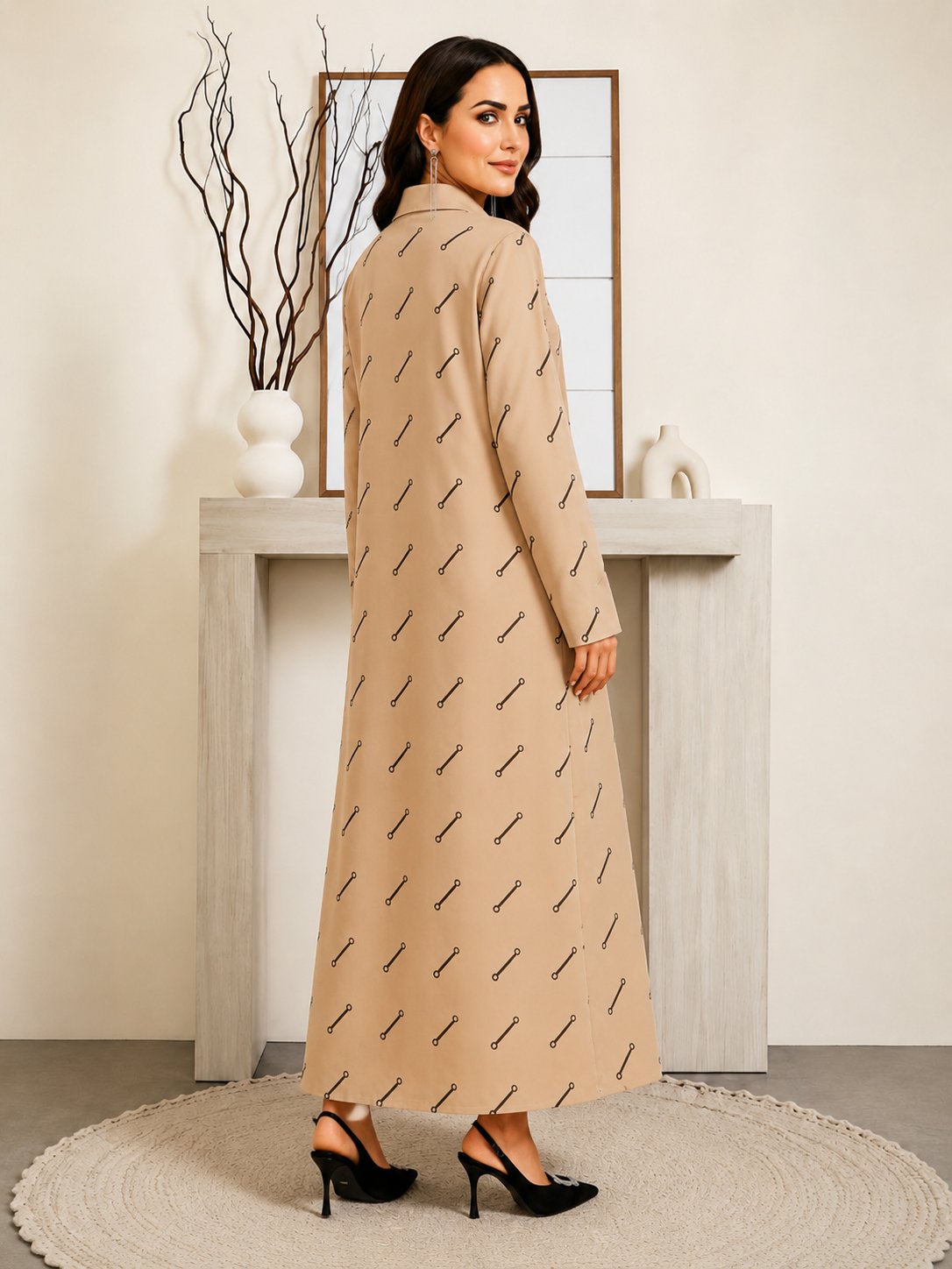 Tan Long Sleeves Graphic Print Shirt Maxi Dress