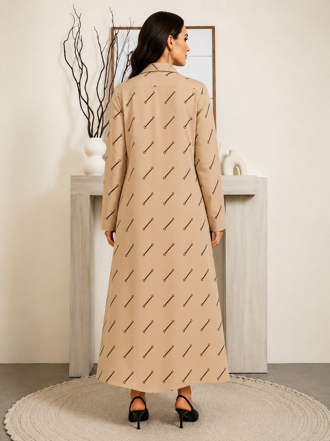 Tan Long Sleeves Graphic Print Shirt Maxi Dress