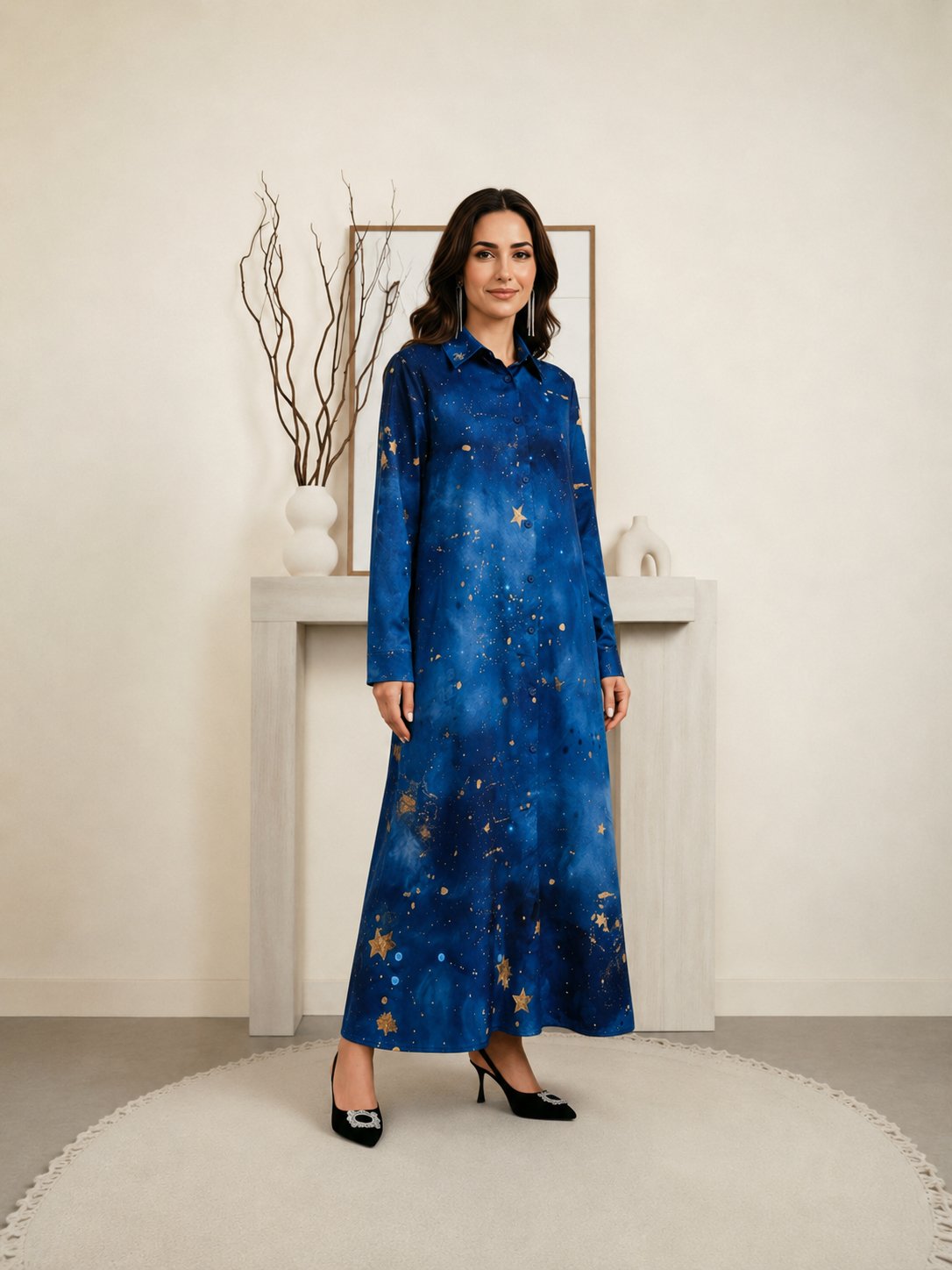 Blue Long Sleeves Graphic Print Shirt Maxi Dress