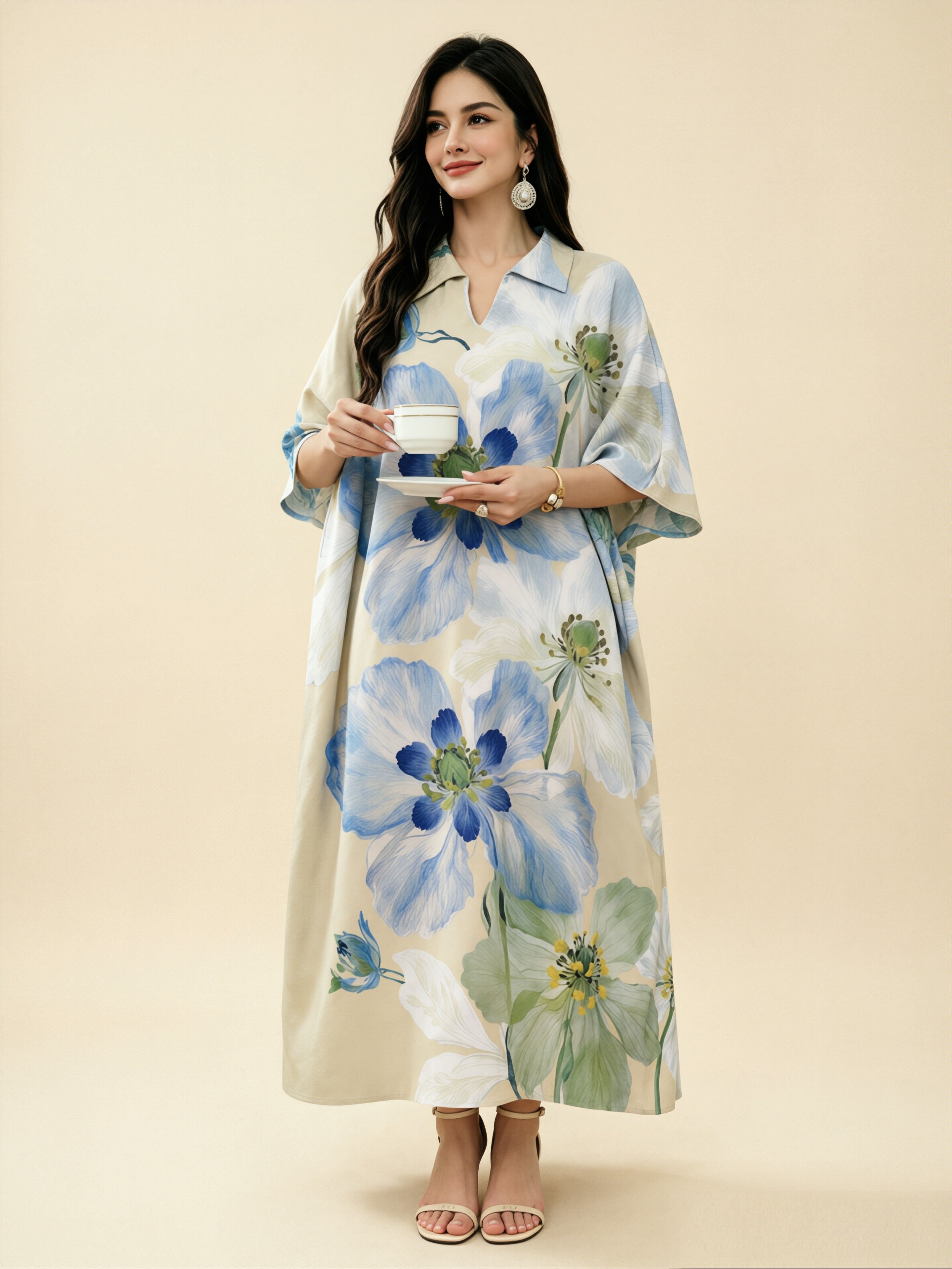 Beige Kaftan Dress with Floral Print