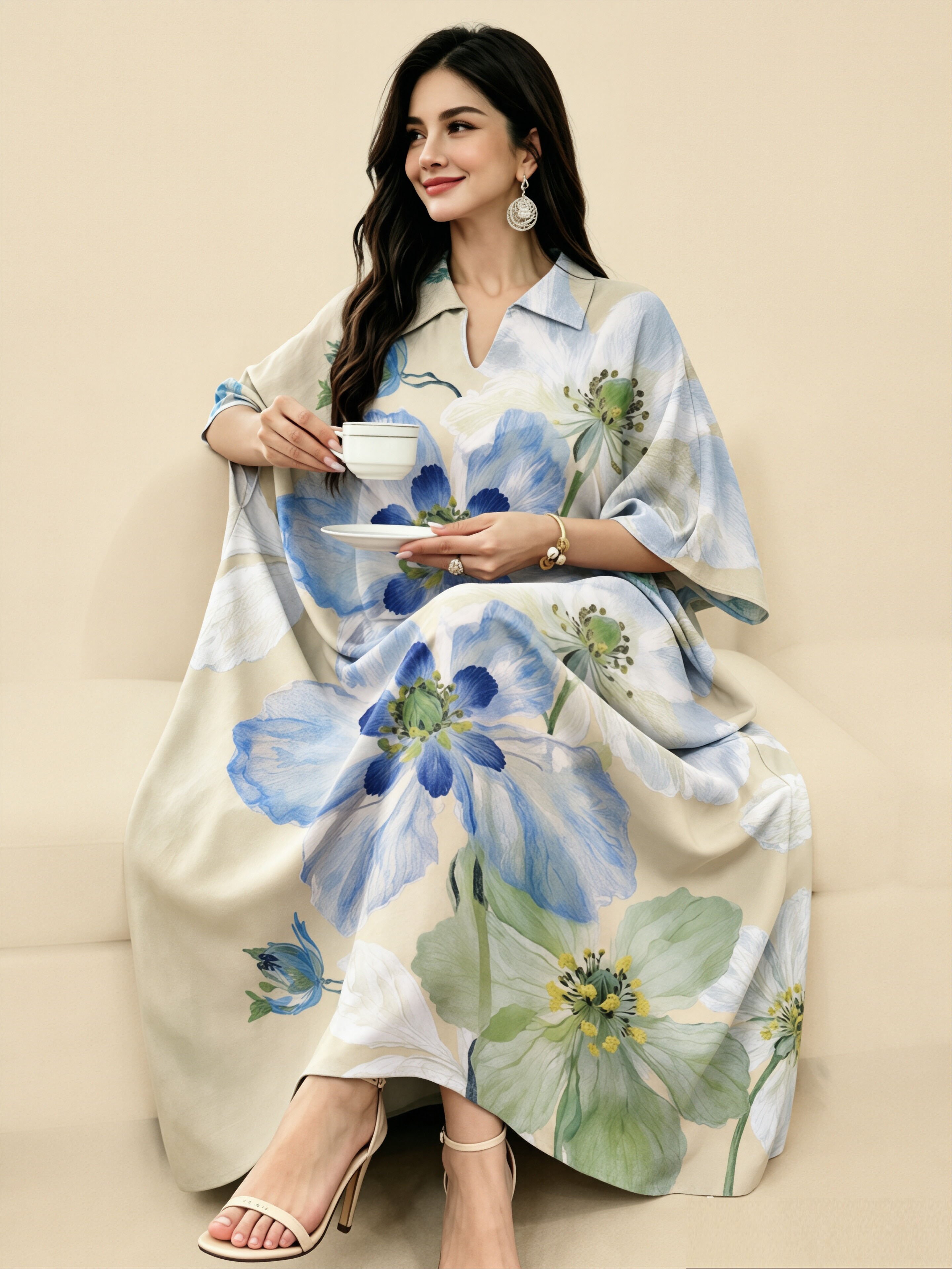 Beige Kaftan Dress with Floral Print
