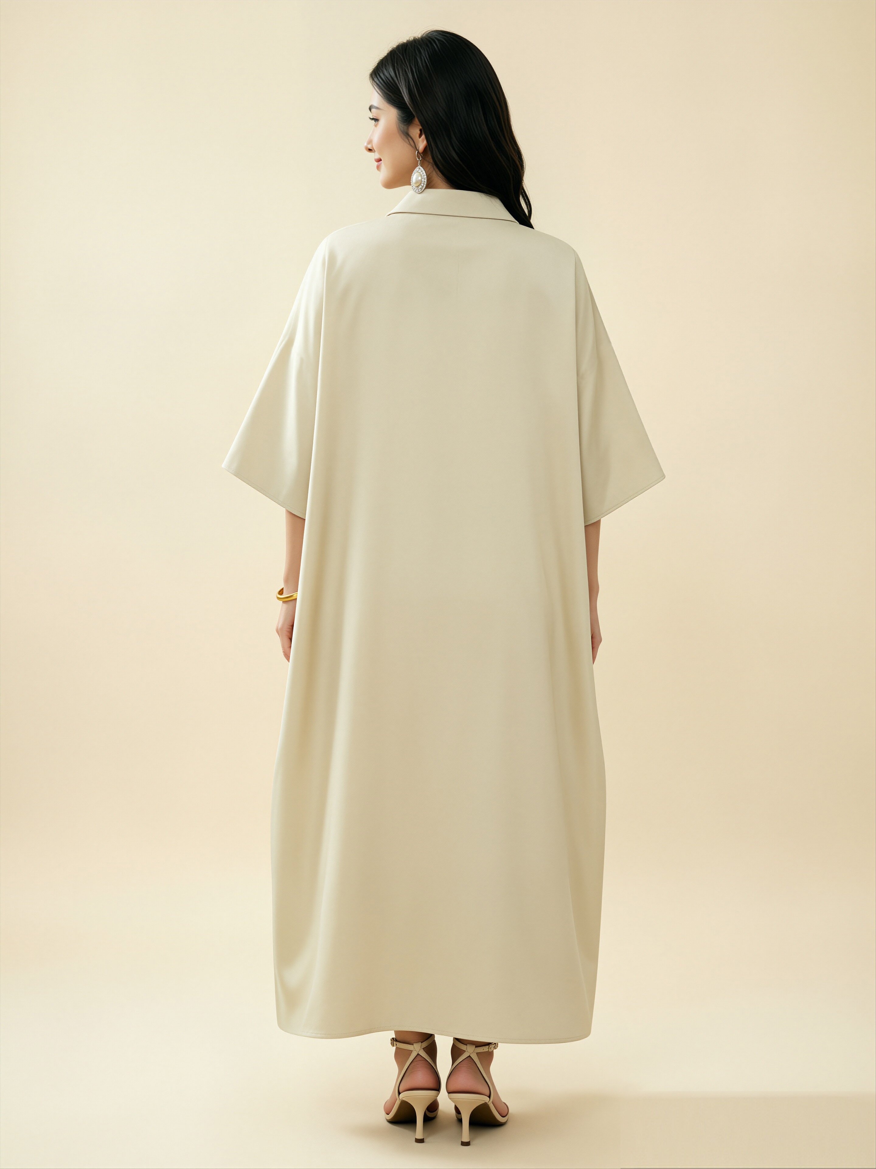 Beige Kaftan Dress with Floral Print
