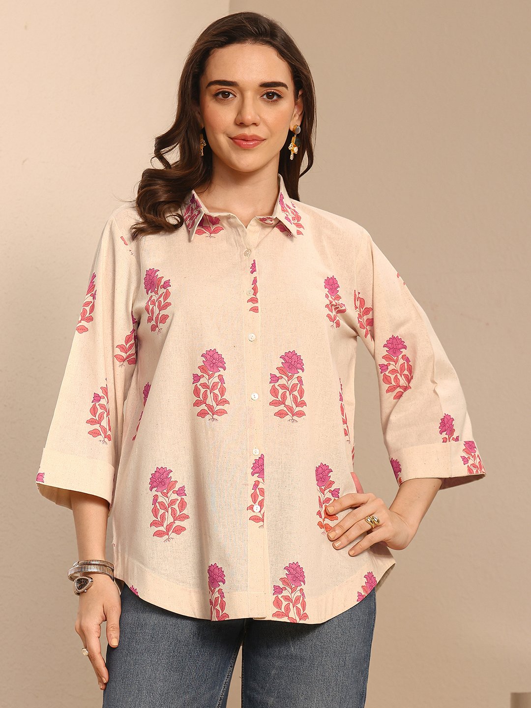Beige Floral Print 3/4 Sleeve Cotton Shirt