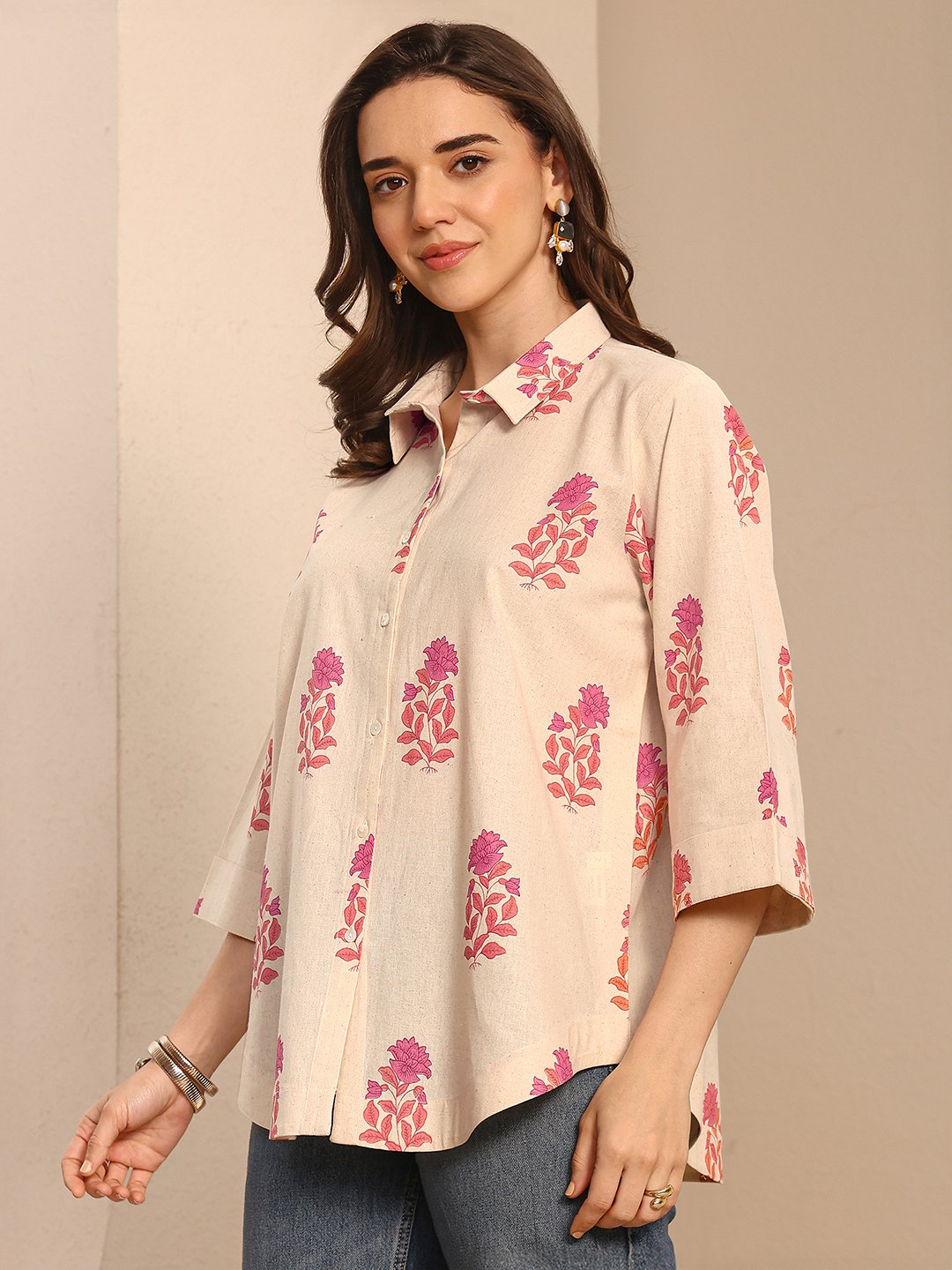 Beige Floral Print 3/4 Sleeve Cotton Shirt
