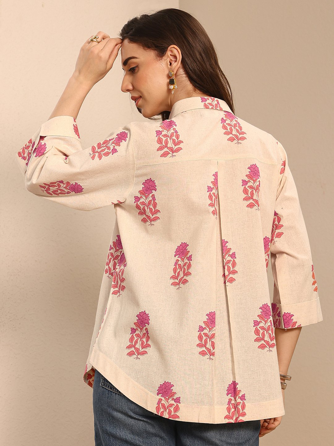 Beige Floral Print 3/4 Sleeve Cotton Shirt
