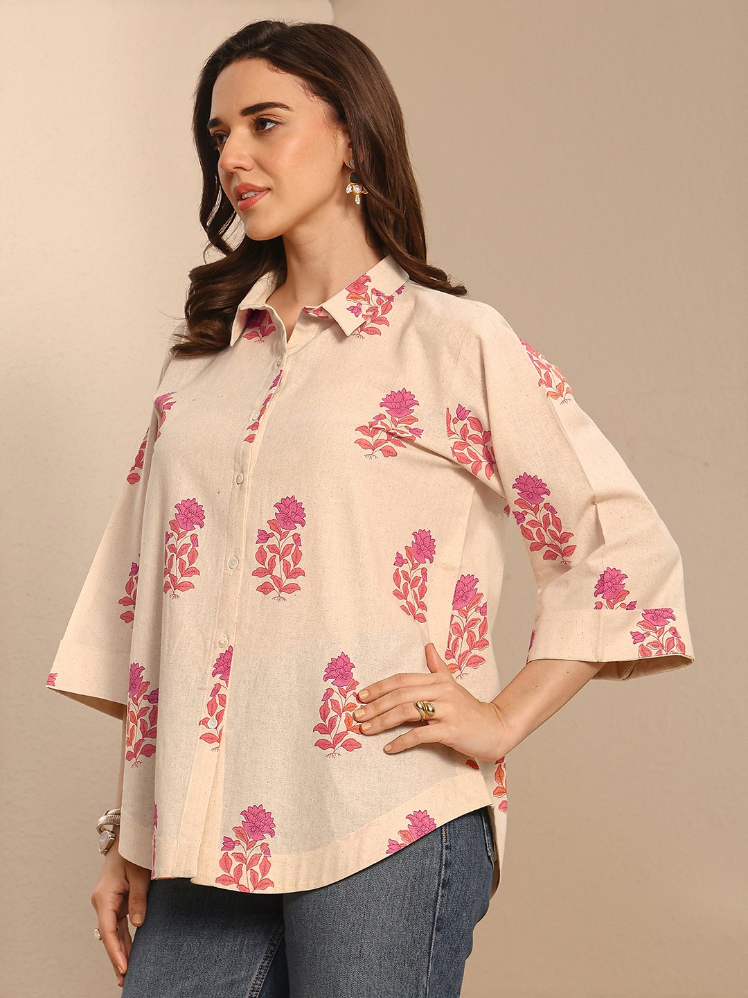 Beige Floral Print 3/4 Sleeve Cotton Shirt