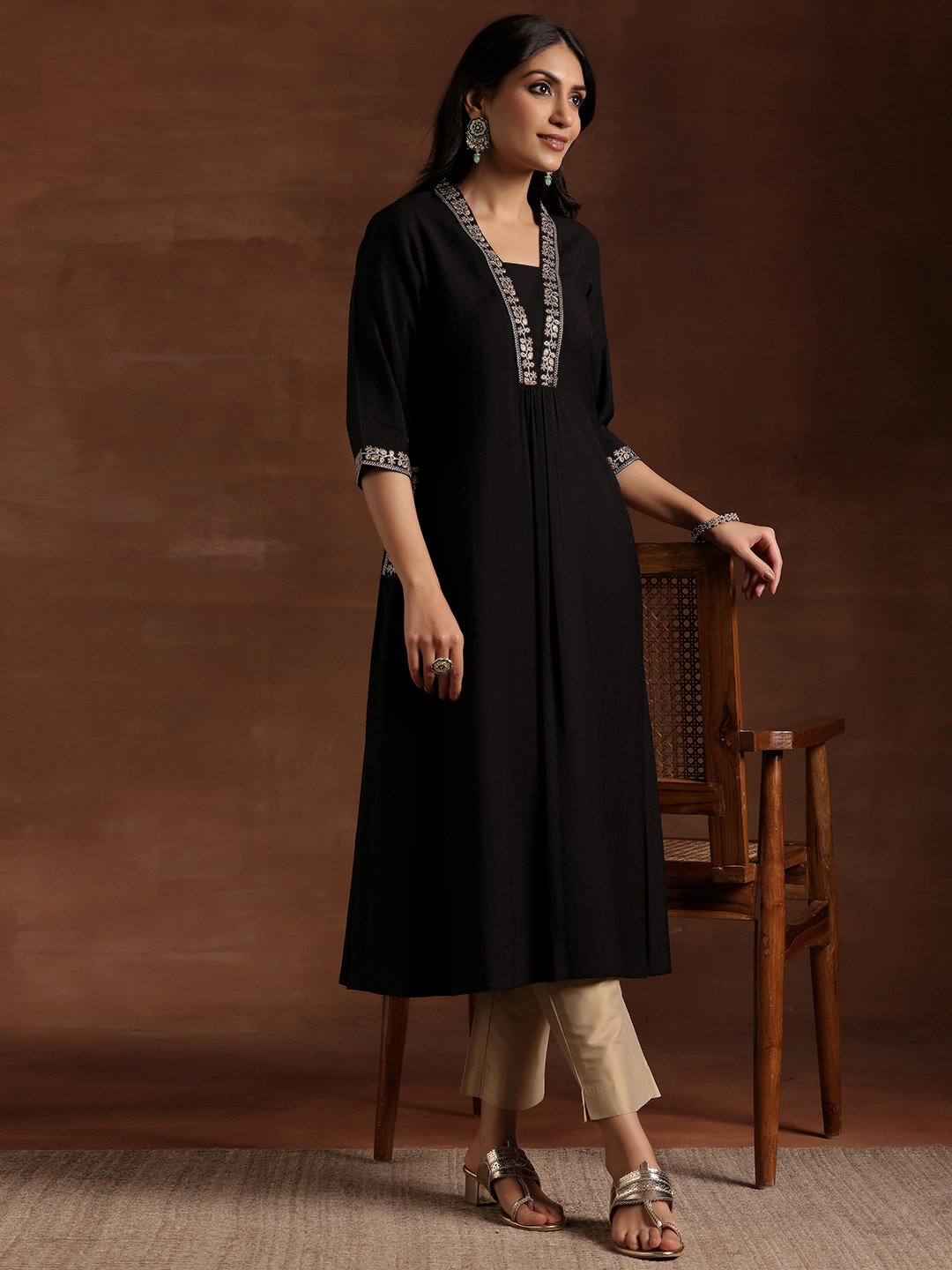 Black Embroidered Silk A-Line Kurta