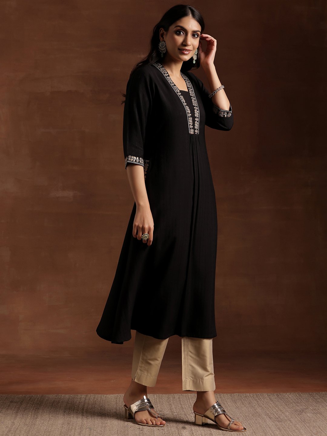 Black Embroidered Silk A-Line Kurta