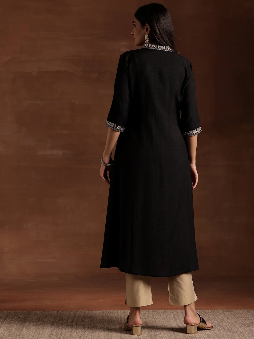 Black Embroidered Silk A-Line Kurta