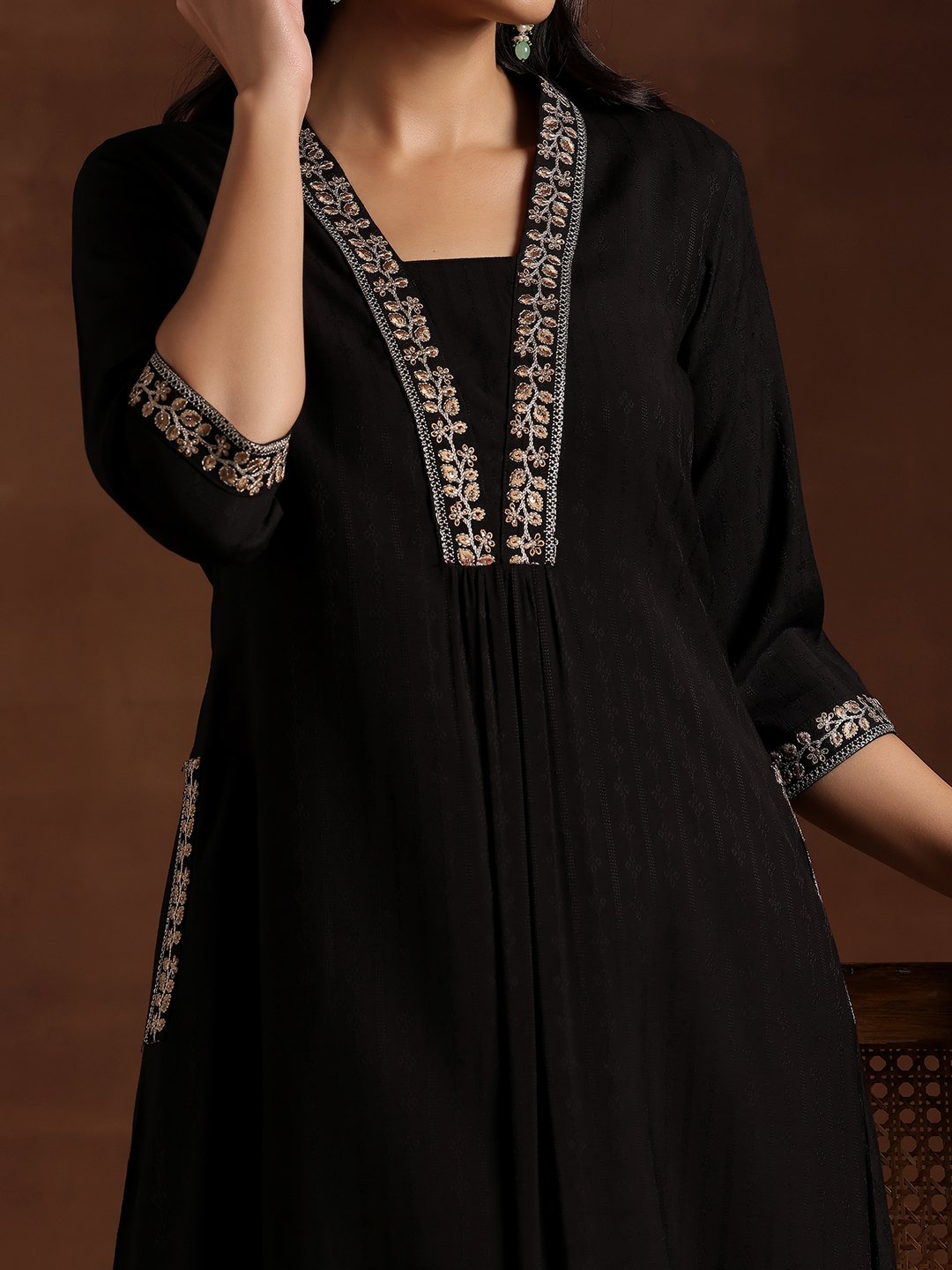 Black Embroidered Silk A-Line Kurta