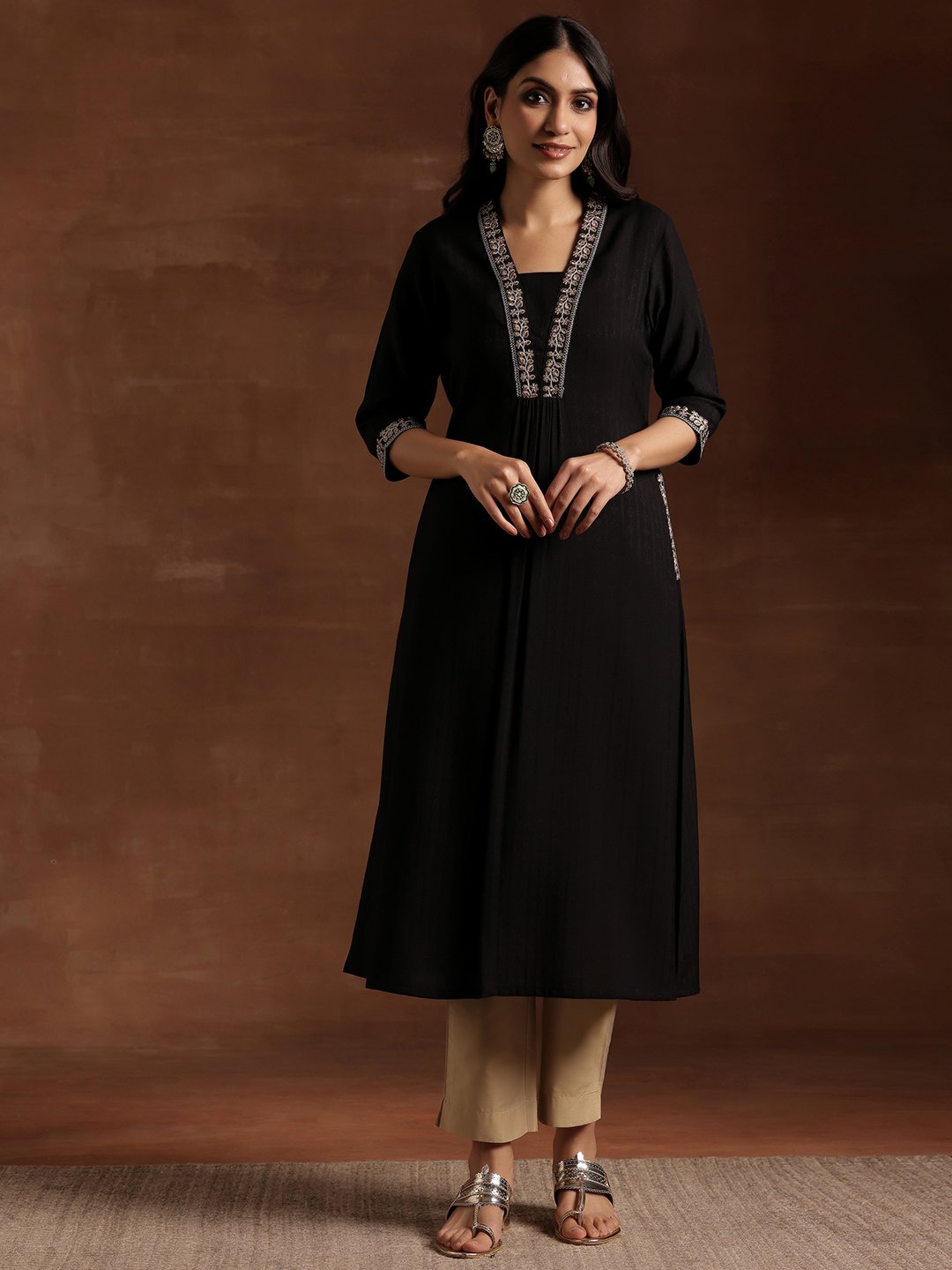 Black Embroidered Silk A-Line Kurta