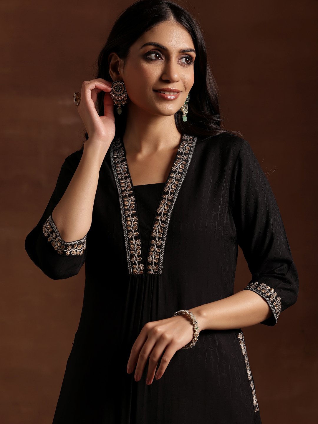 Black Embroidered Silk A-Line Kurta