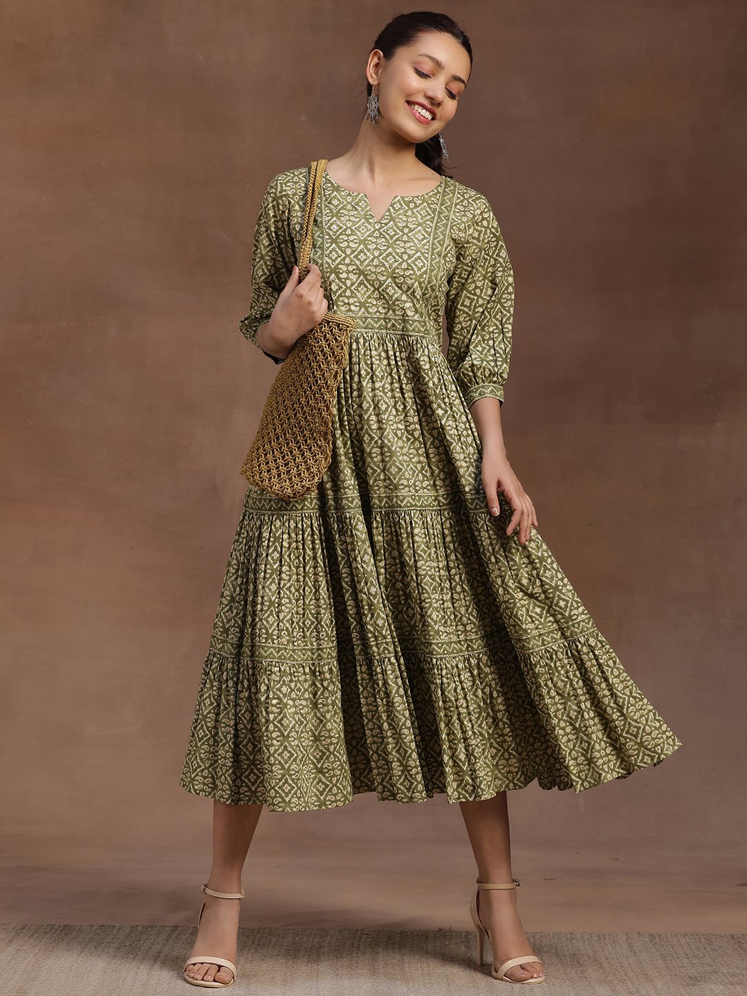 Green Printed Cotton Tiered Midi Dress
