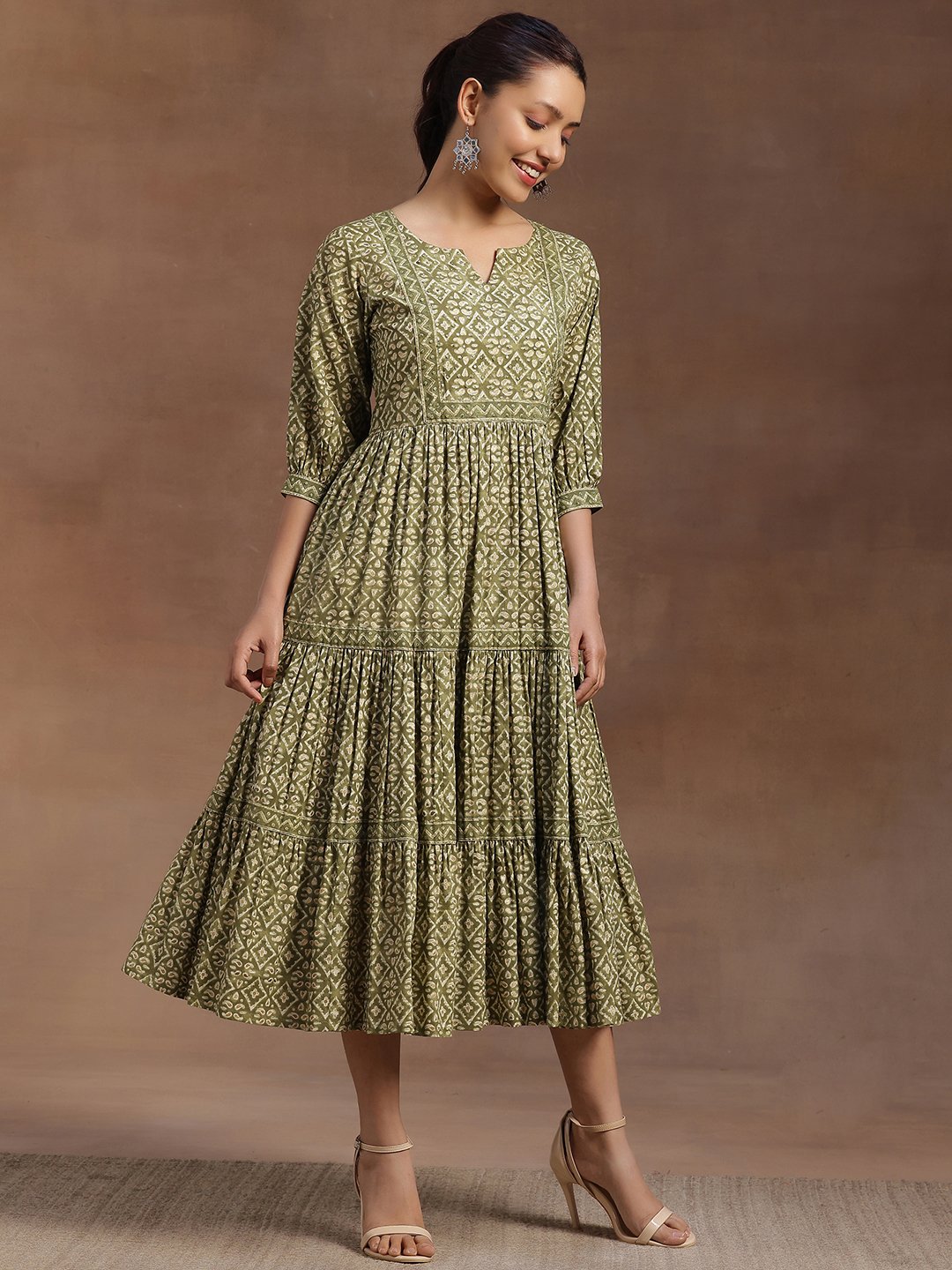 Green Printed Cotton Tiered Midi Dress