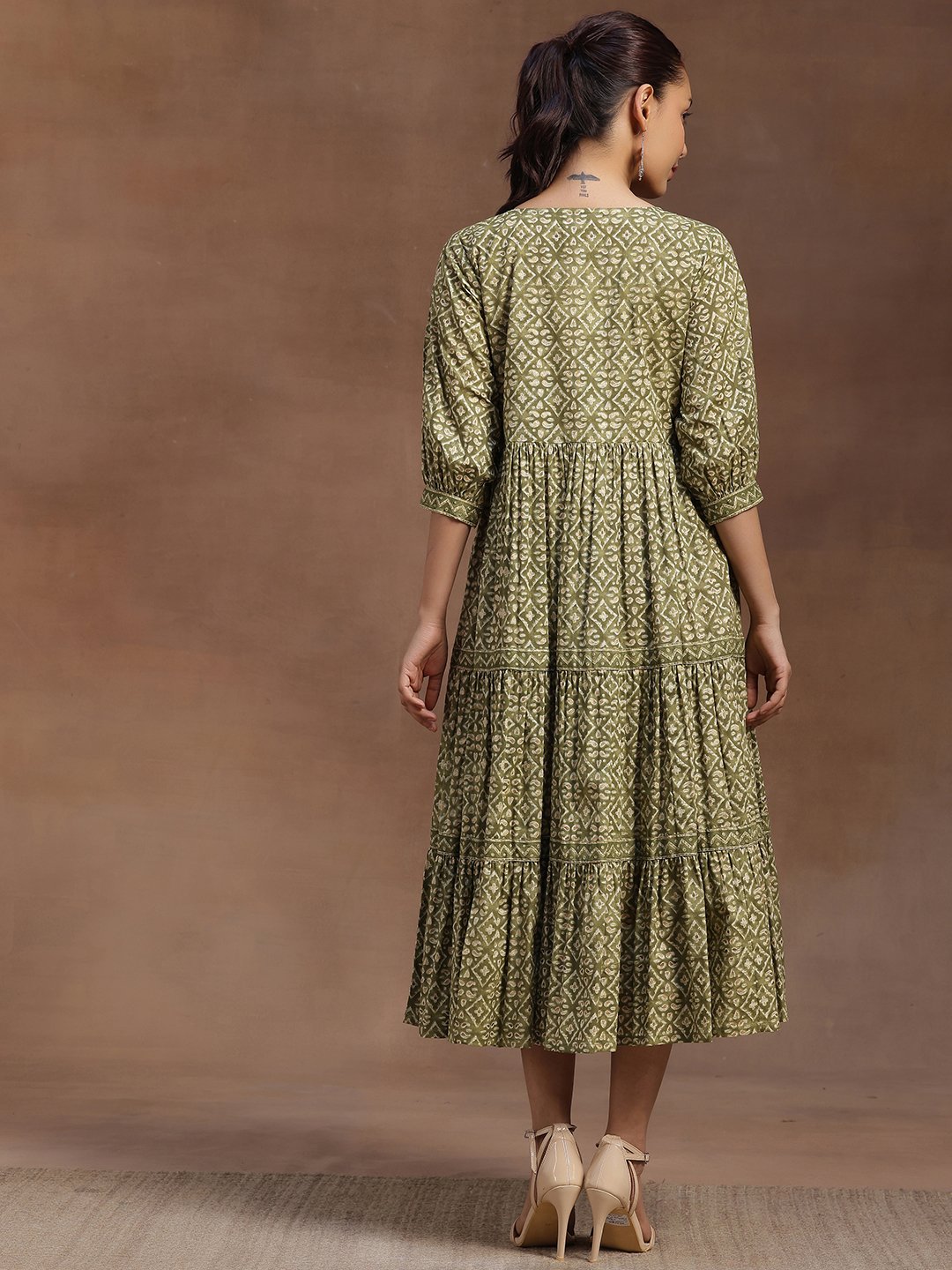 Green Printed Cotton Tiered Midi Dress