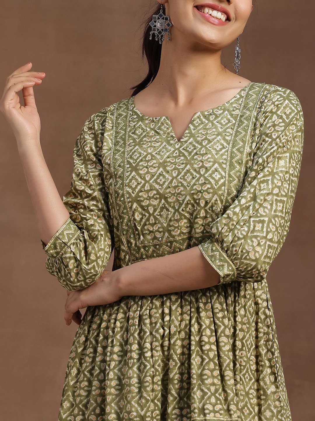 Green Printed Cotton Tiered Midi Dress