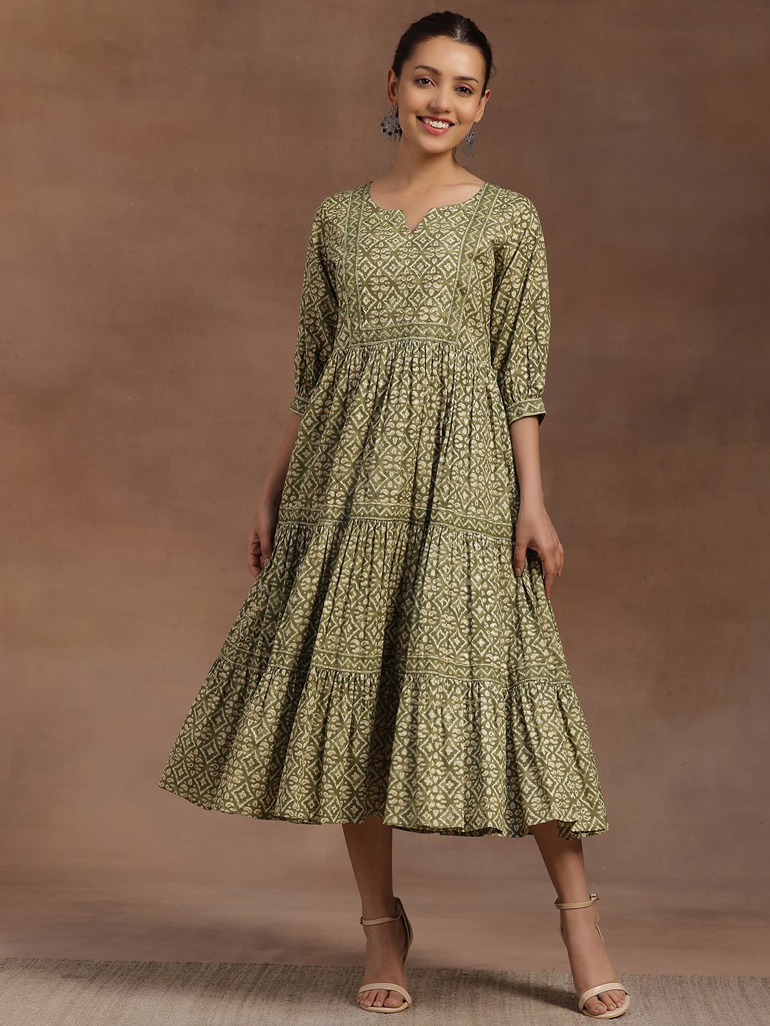 Green Printed Cotton Tiered Midi Dress