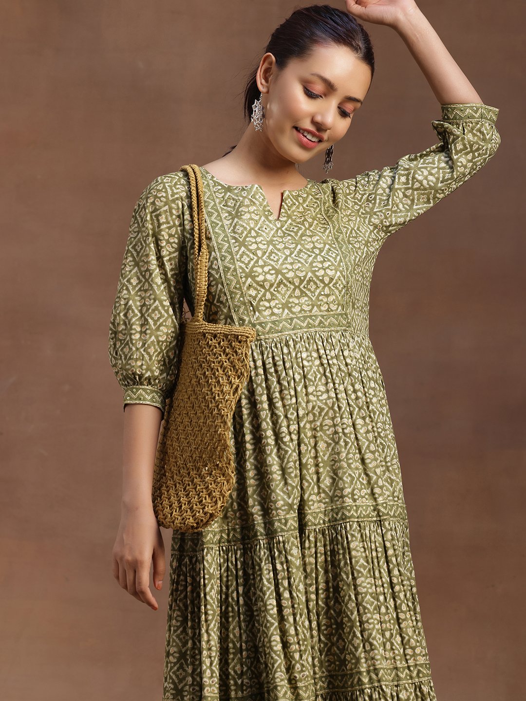 Green Printed Cotton Tiered Midi Dress