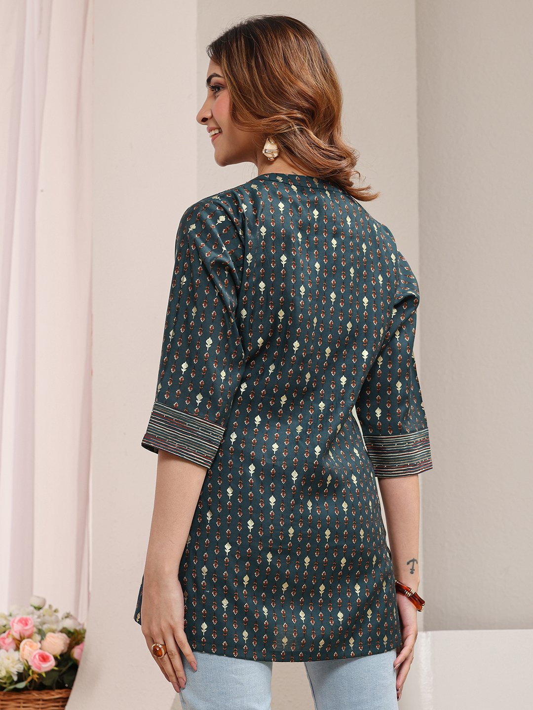 Dark Blue Printed Silk Blend Straight Kurti