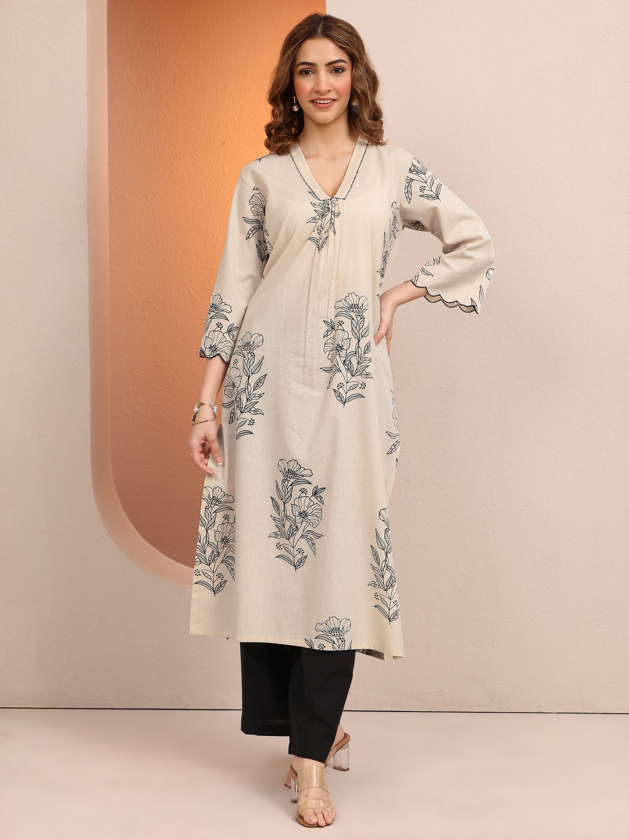Beige Printed Cotton Straight Kurta