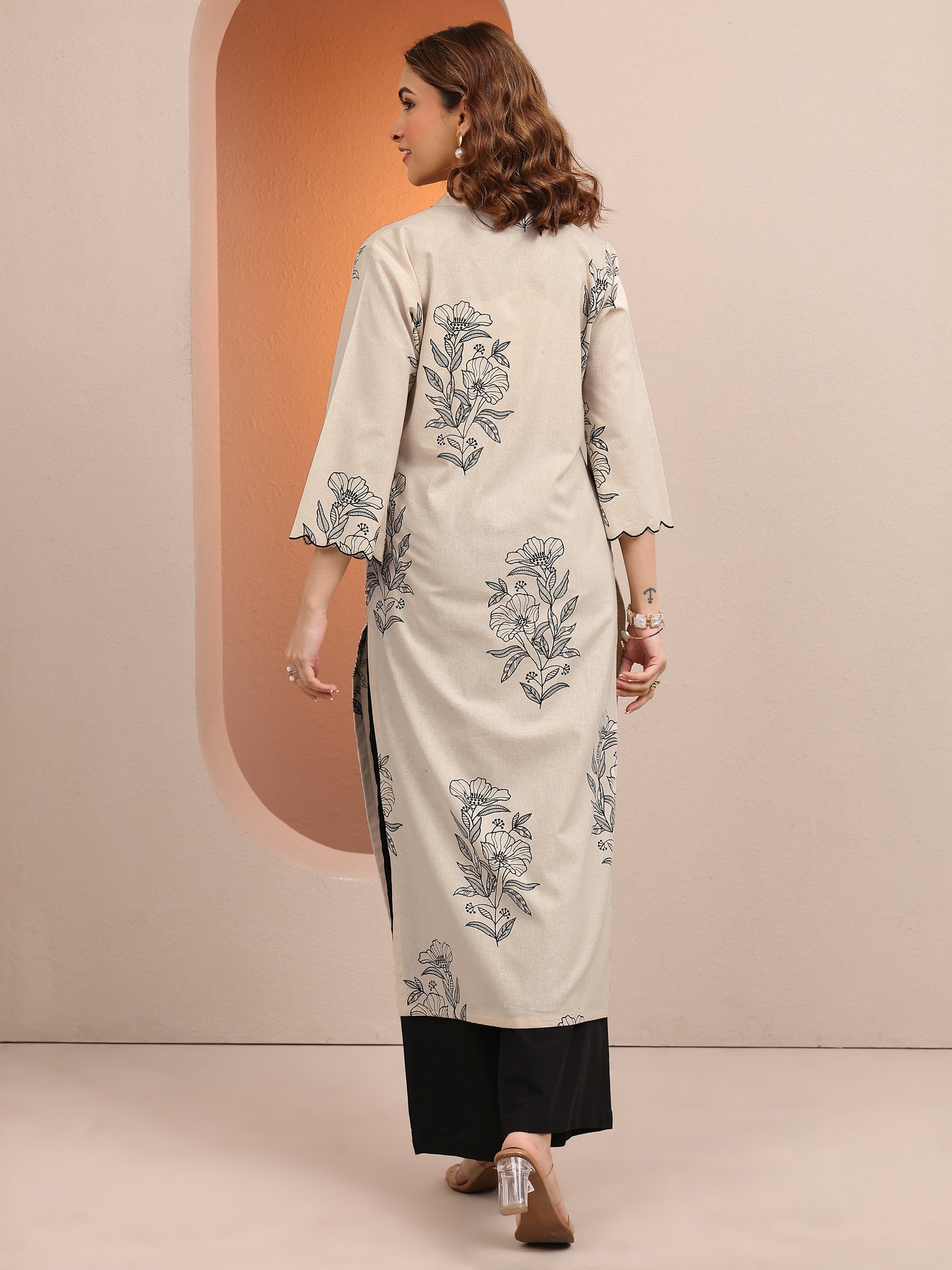 Beige Printed Cotton Straight Kurta