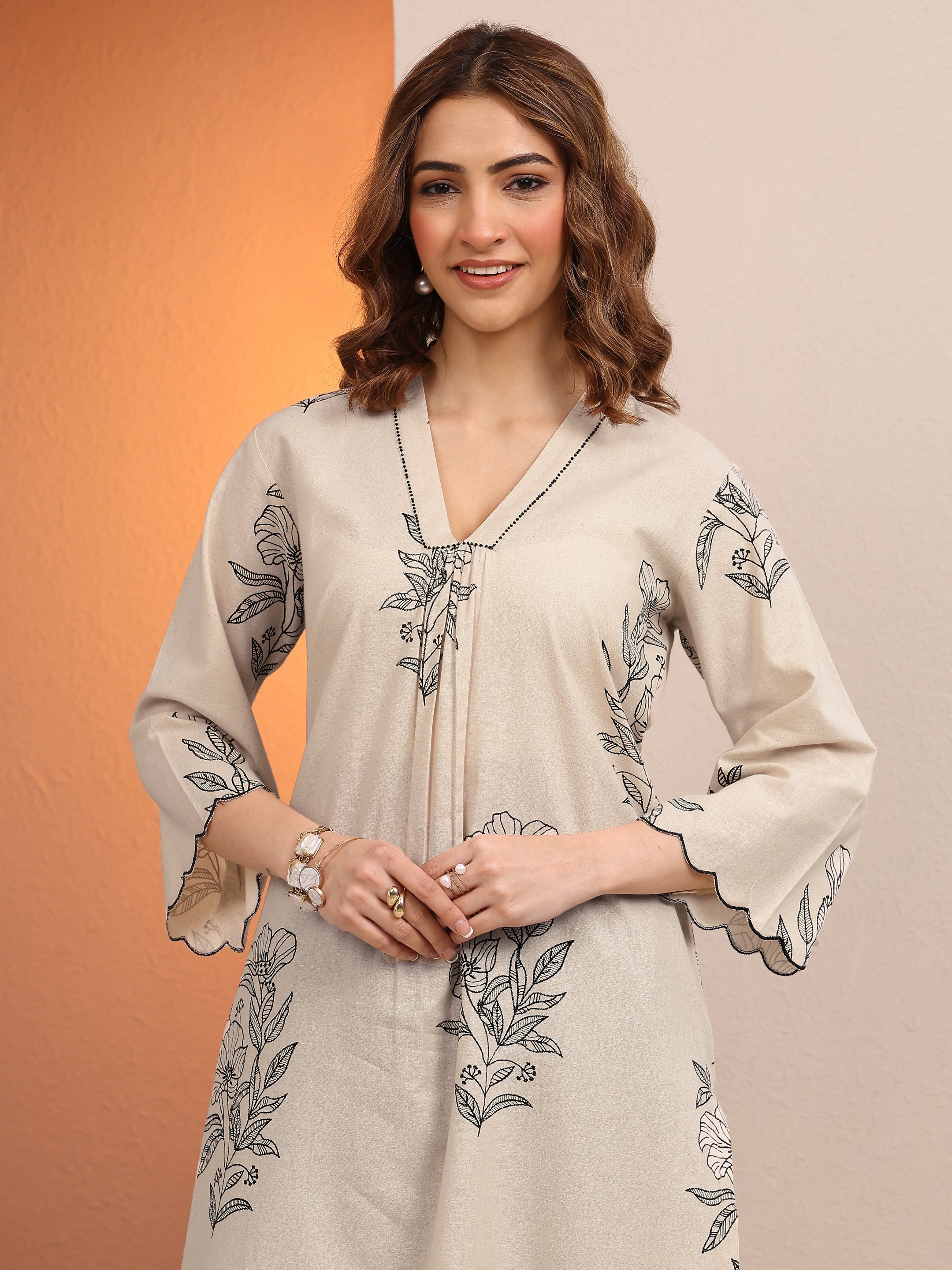 Beige Printed Cotton Straight Kurta