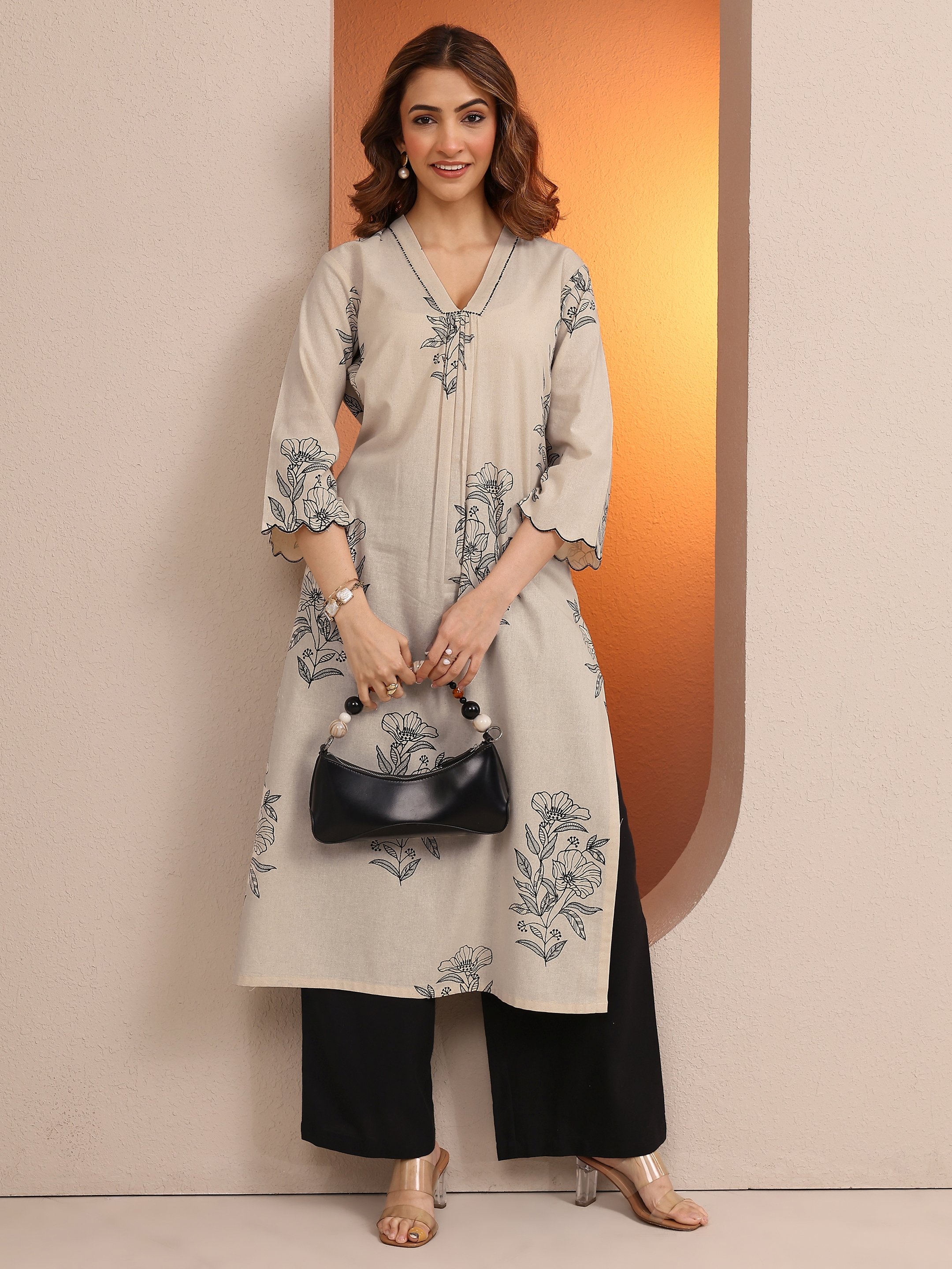 Beige Printed Cotton Straight Kurta