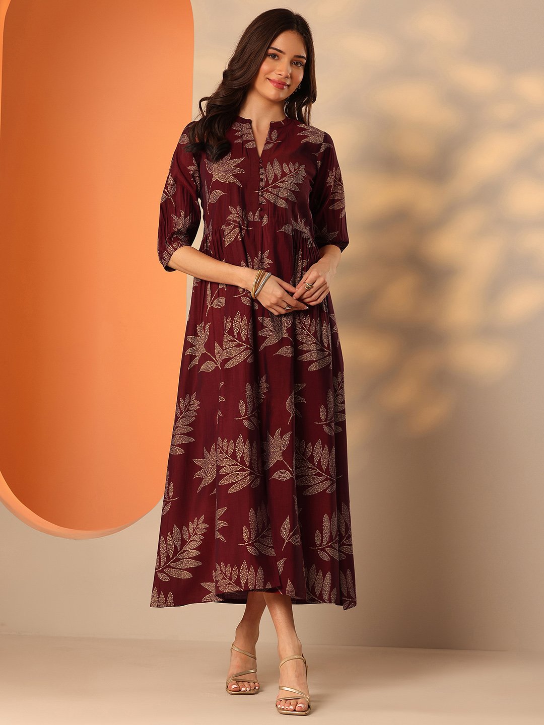 Maroon Leaf Print A-Line Midi Dress