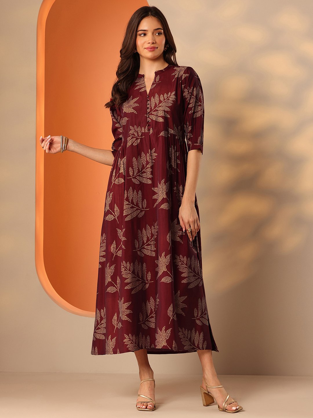 Maroon Leaf Print A-Line Midi Dress