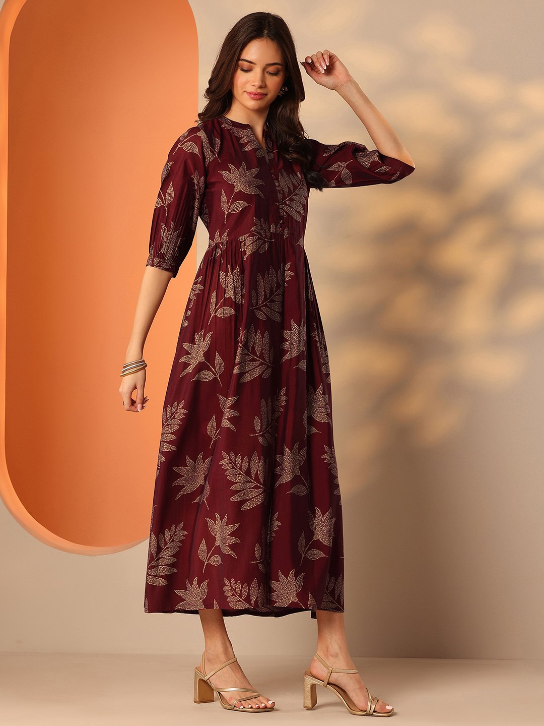 Maroon Leaf Print A-Line Midi Dress