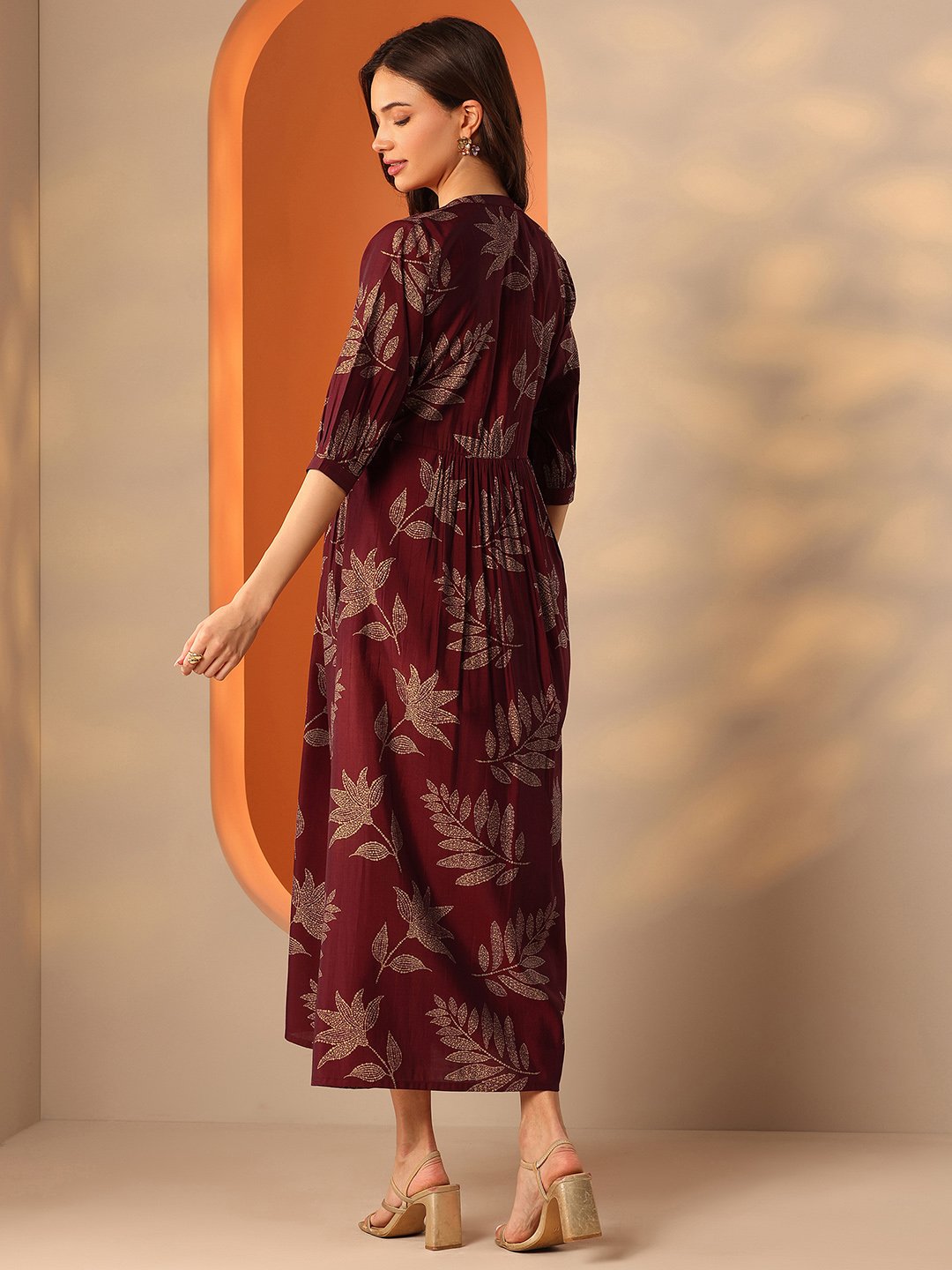 Maroon Leaf Print A-Line Midi Dress