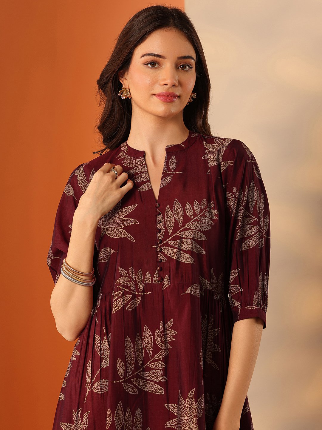 Maroon Leaf Print A-Line Midi Dress