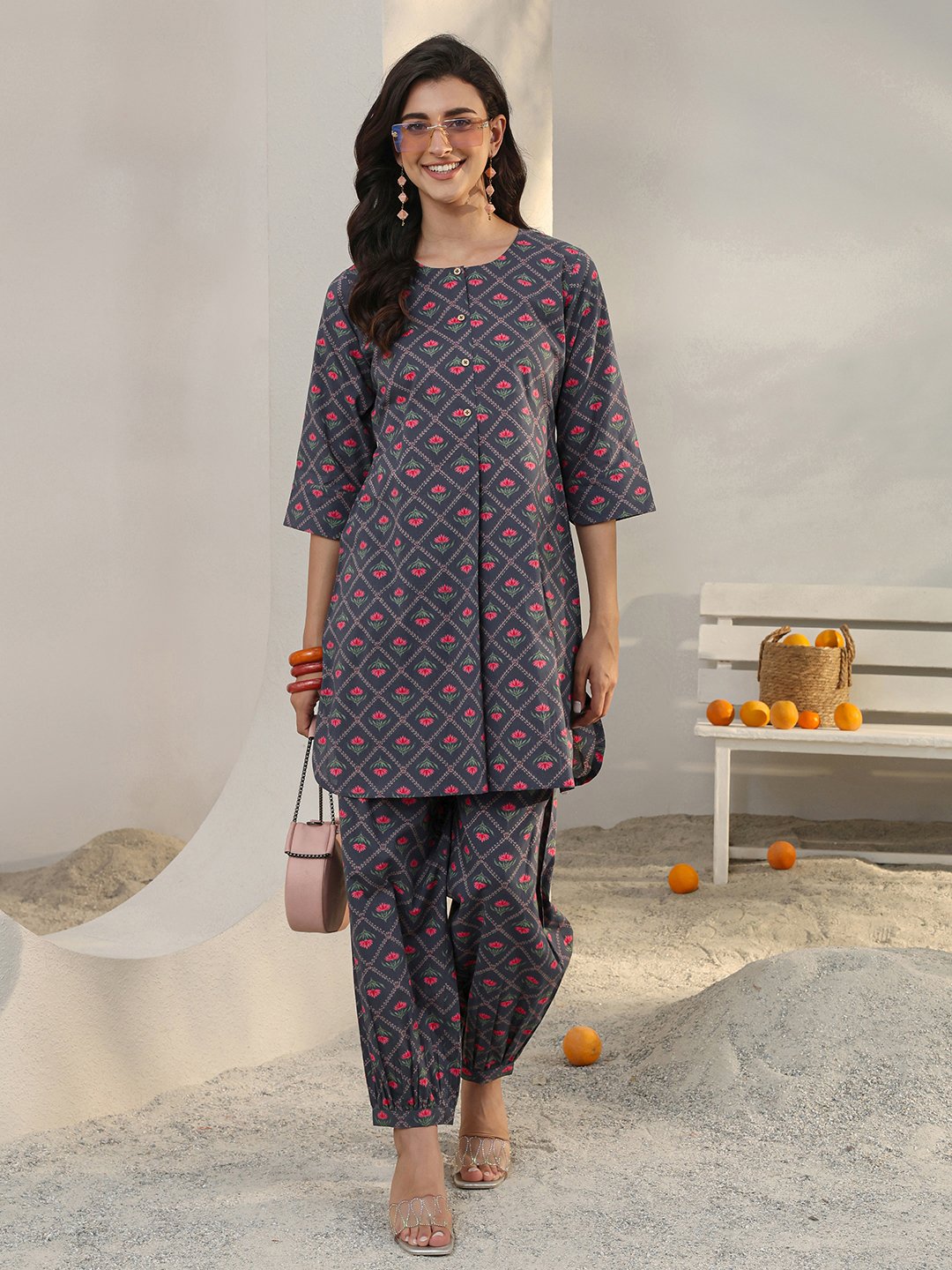 Grey Printed Cotton Top and Pants Co-Ords