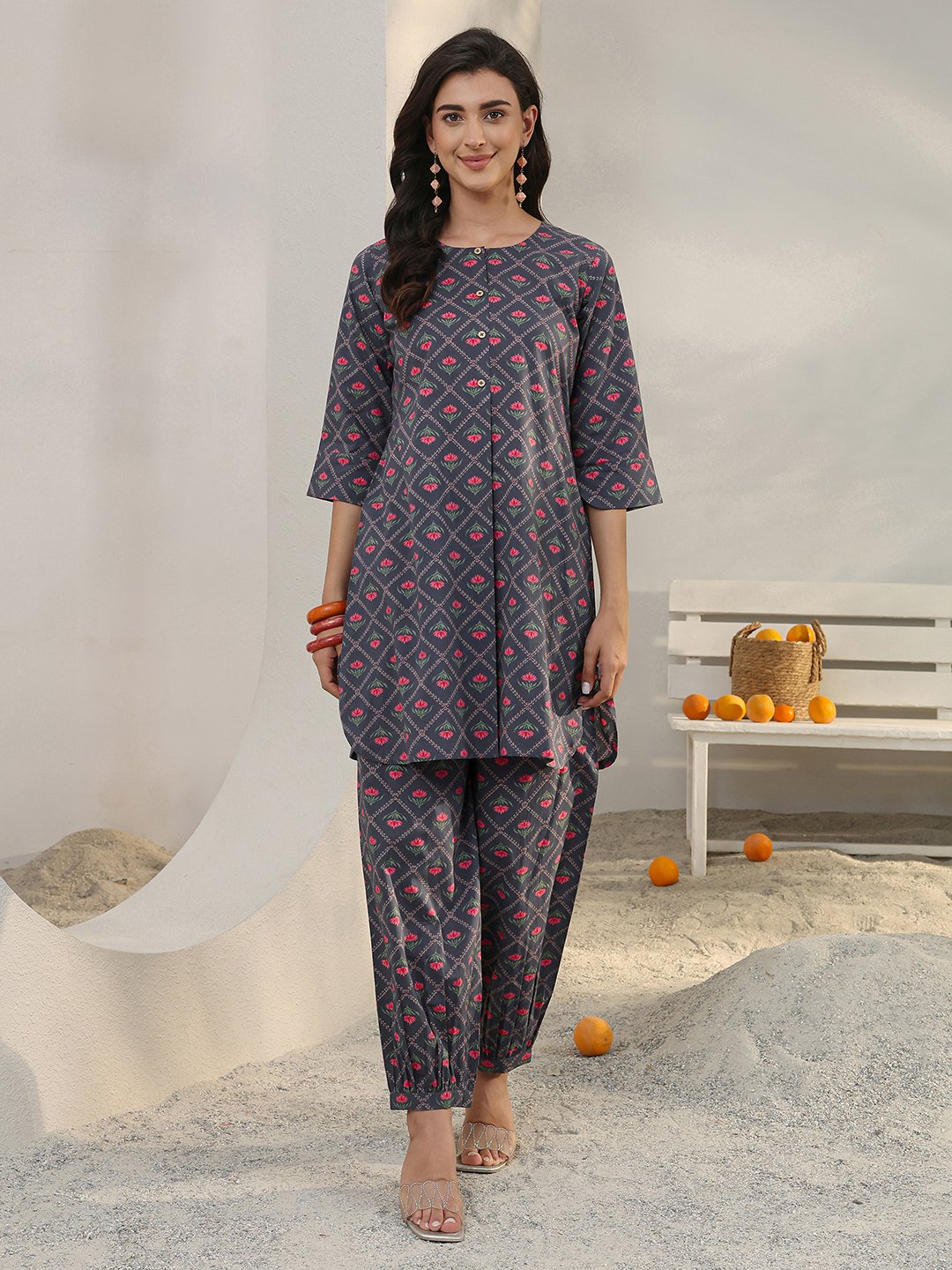 Grey Printed Cotton Top and Pants Co-Ords