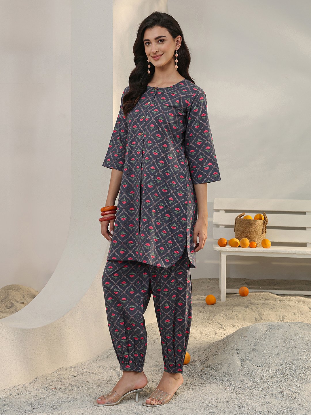 Grey Printed Cotton Top and Pants Co-Ords