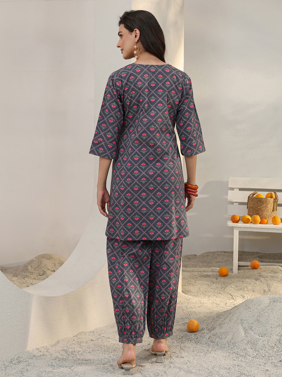 Grey Printed Cotton Top and Pants Co-Ords