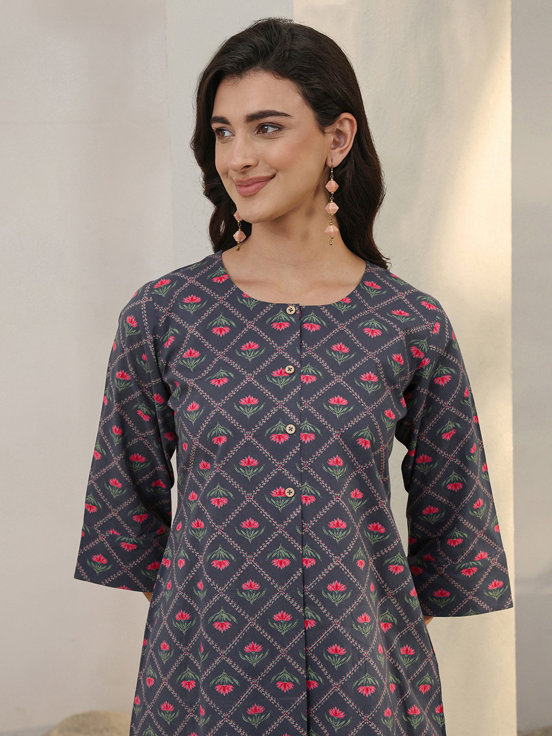 Grey Printed Cotton Top and Pants Co-Ords