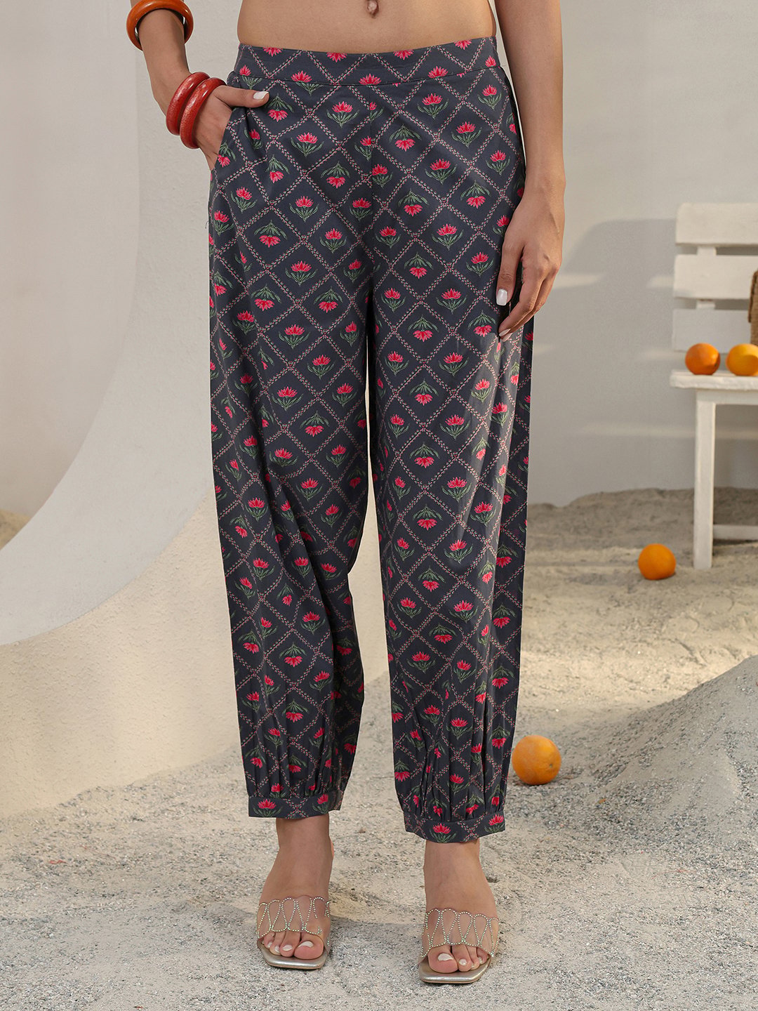 Grey Printed Cotton Top and Pants Co-Ords