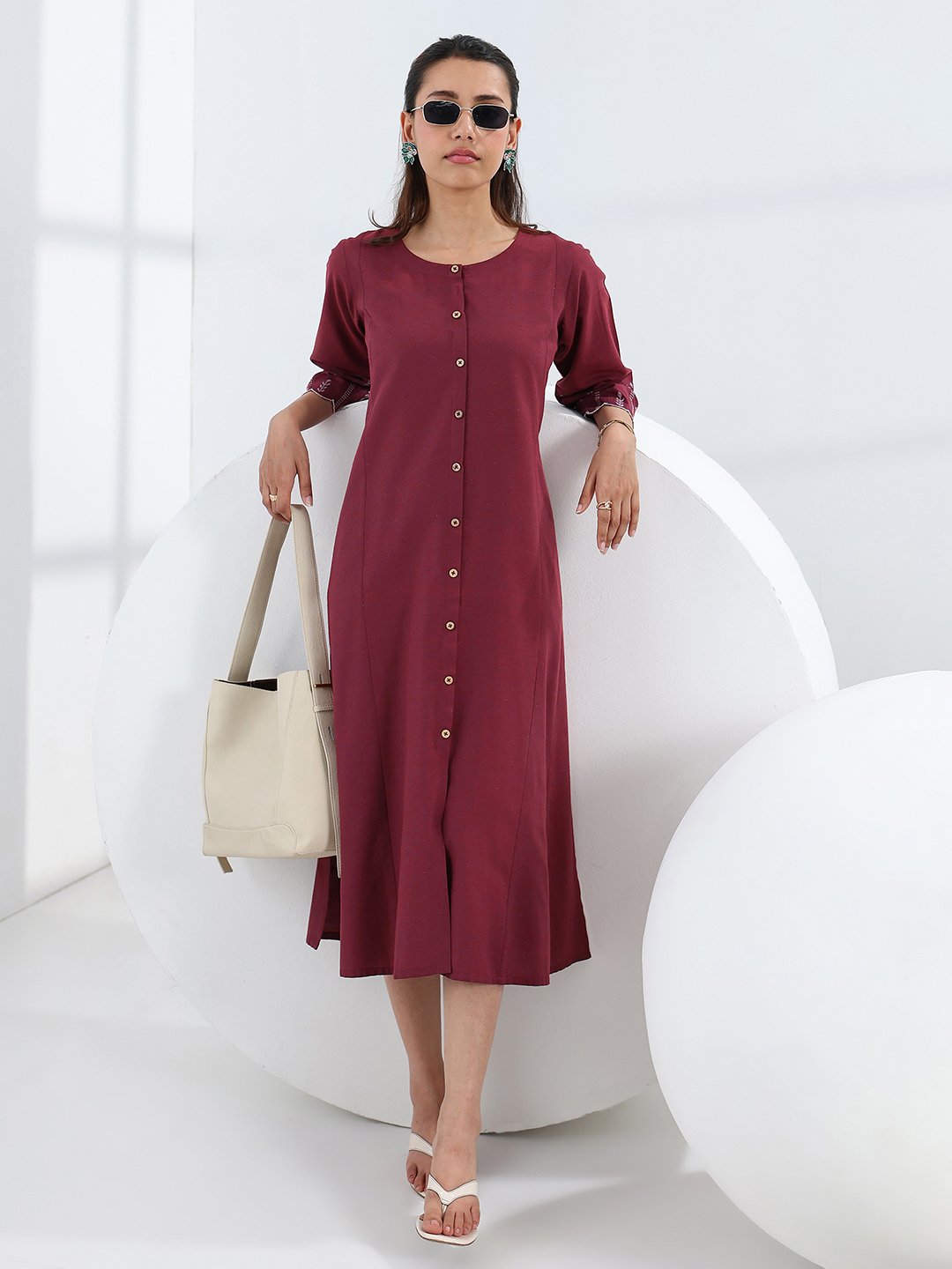 Maroon Solid Cotton Blend Midi Dress with Side Pocket