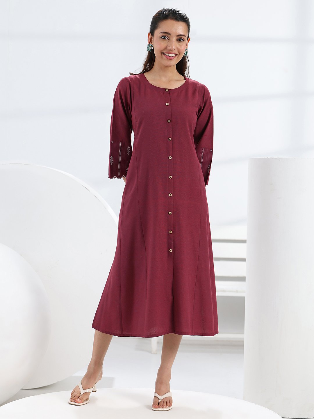 Maroon Solid Cotton Blend Midi Dress with Side Pocket