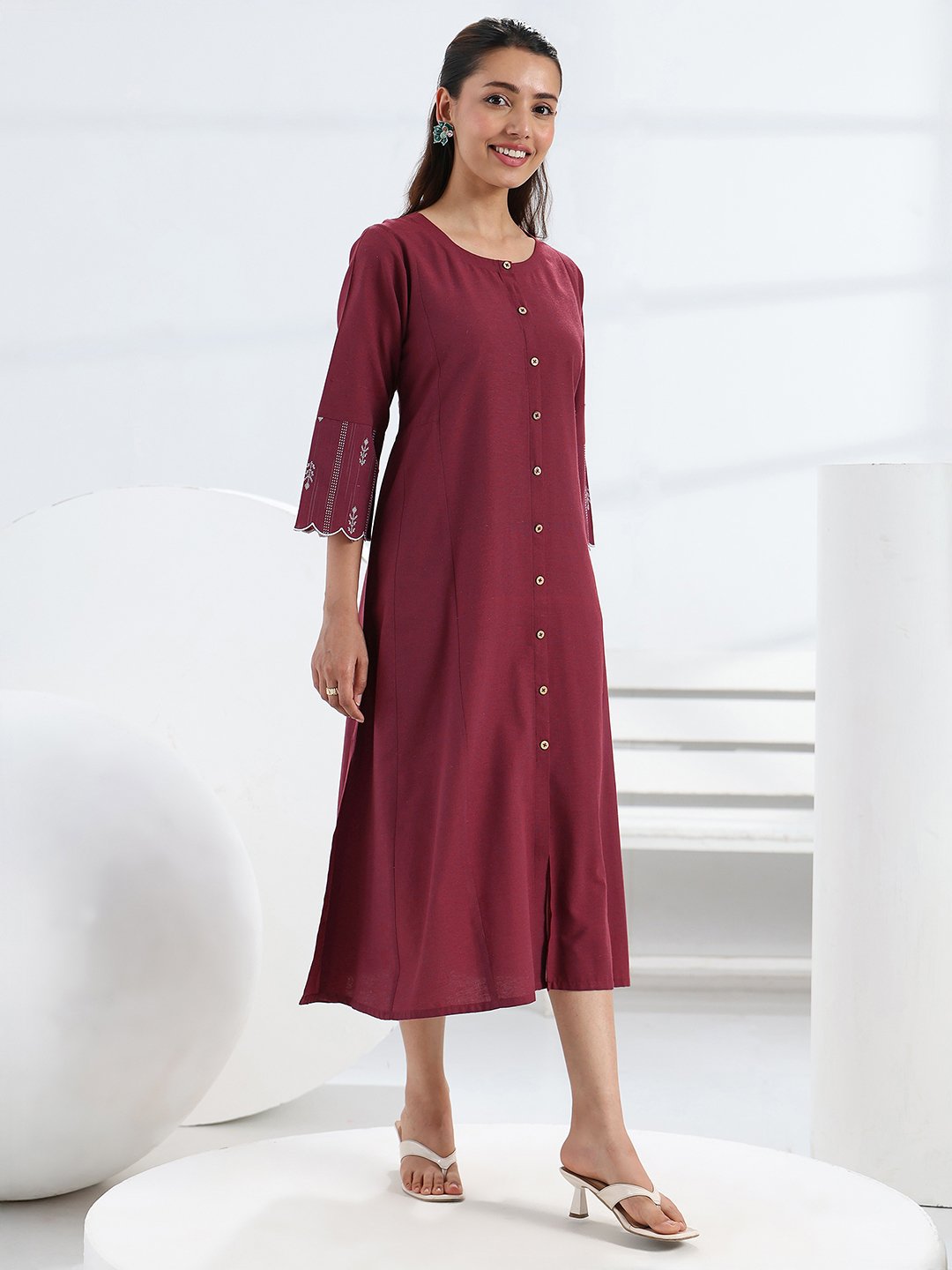 Maroon Solid Cotton Blend Midi Dress with Side Pocket