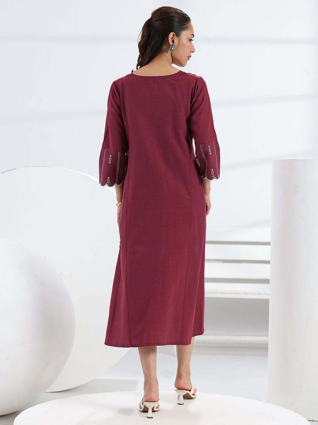 Maroon Solid Cotton Blend Midi Dress with Side Pocket
