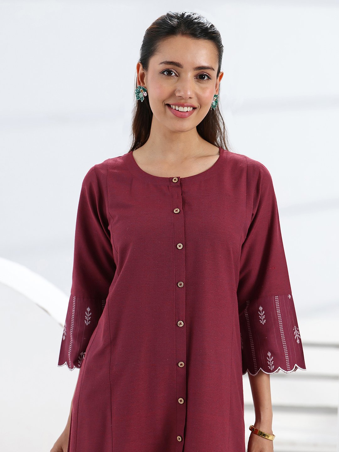 Maroon Solid Cotton Blend Midi Dress with Side Pocket