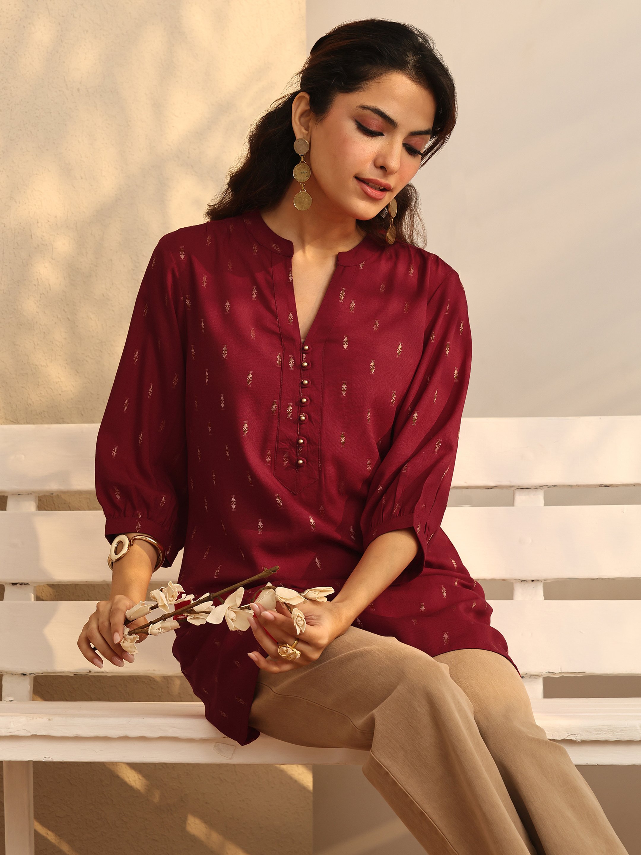 Red Printed Rayon Straight Kurti