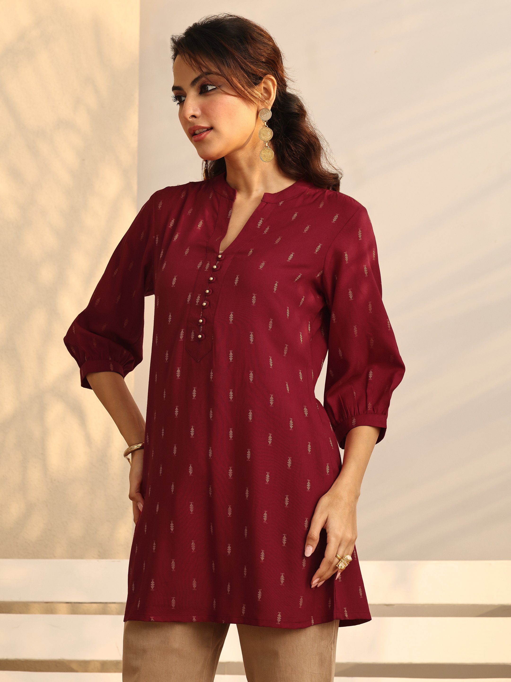 Red Printed Rayon Straight Kurti