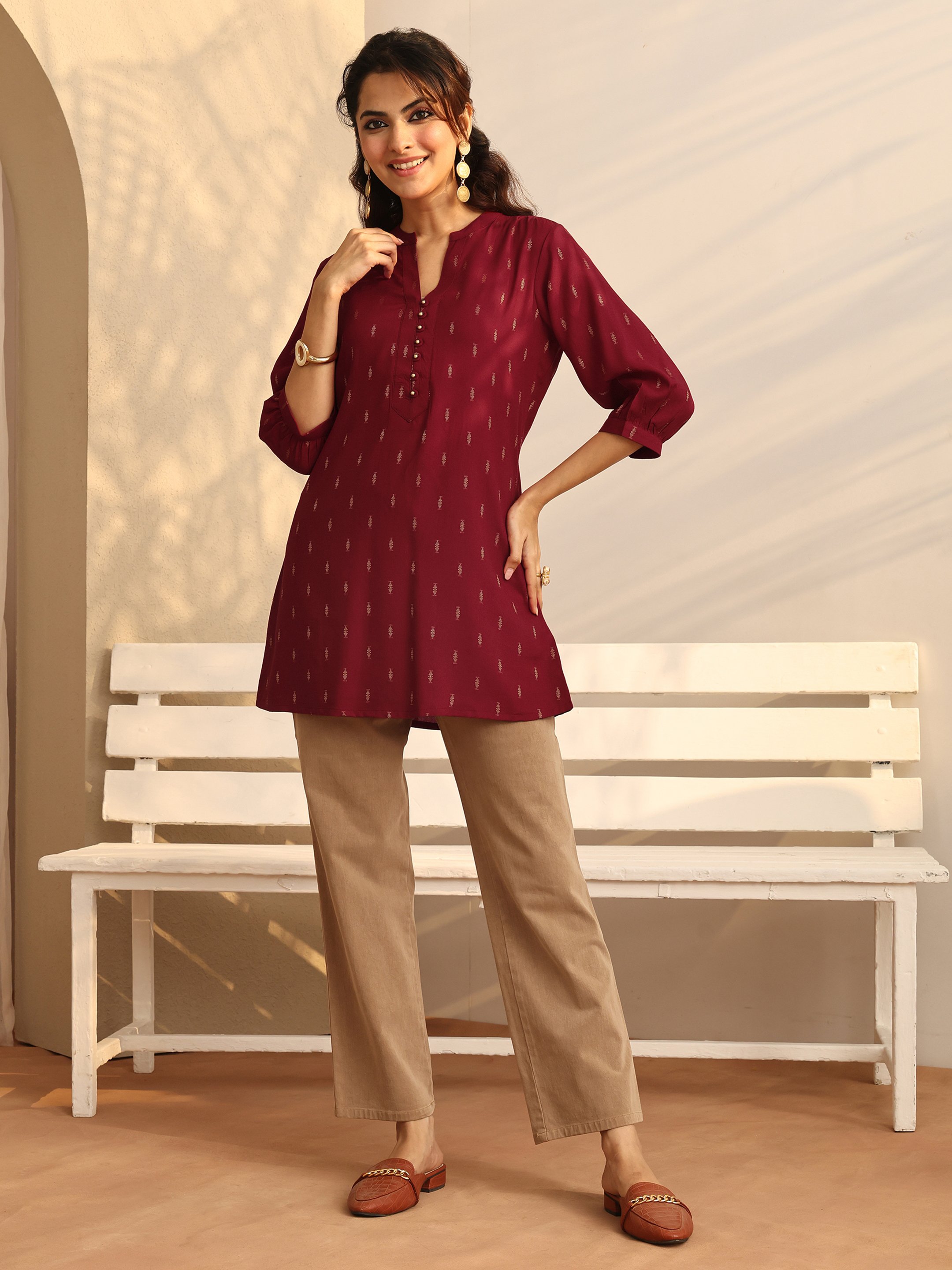 Red Printed Rayon Straight Kurti