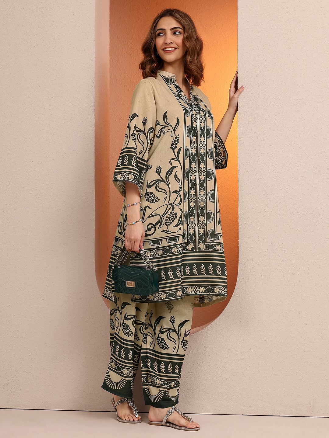 Beige Printed Cotton Blend Co-Ords
