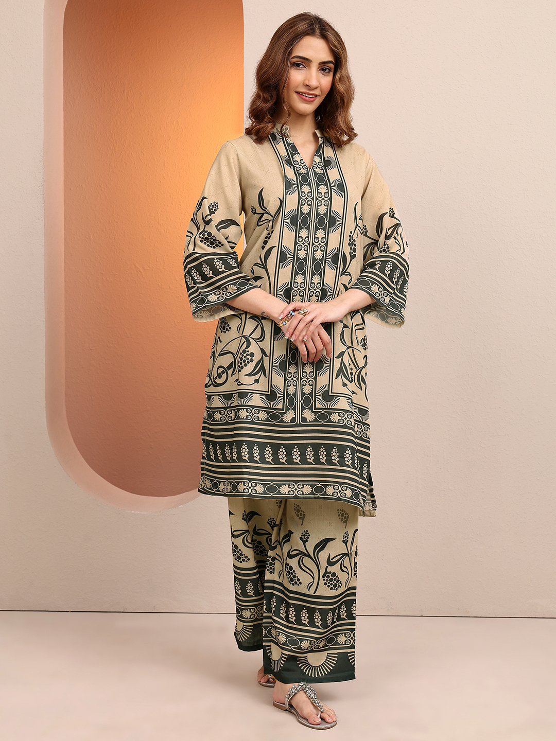 Beige Printed Cotton Blend Co-Ords