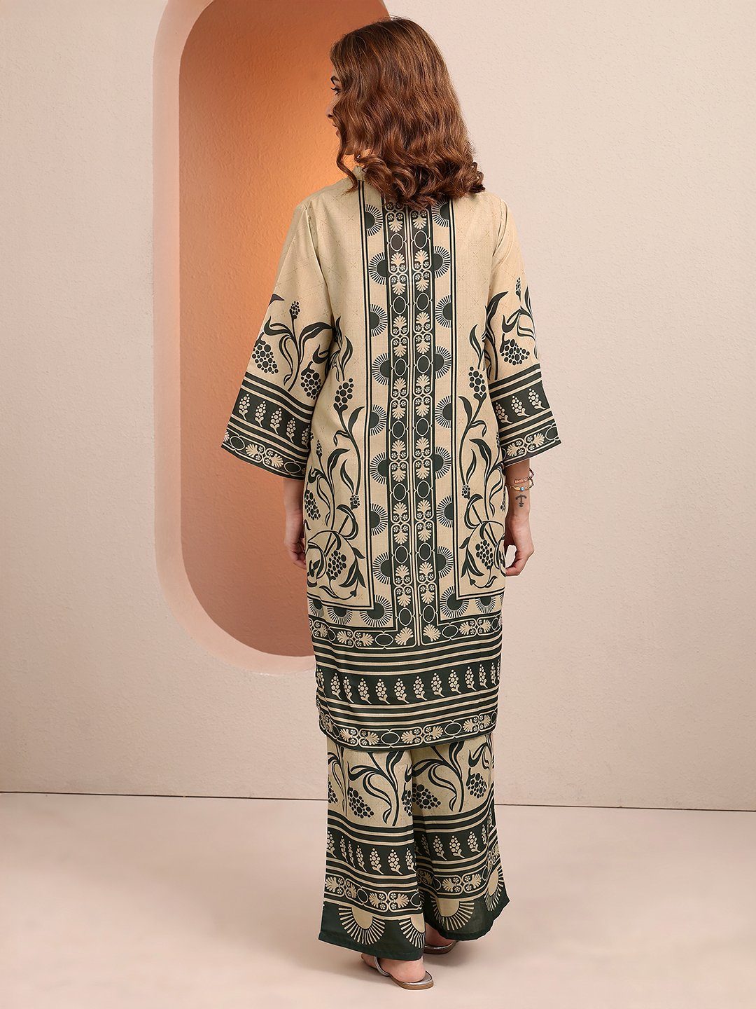 Beige Printed Cotton Blend Co-Ords